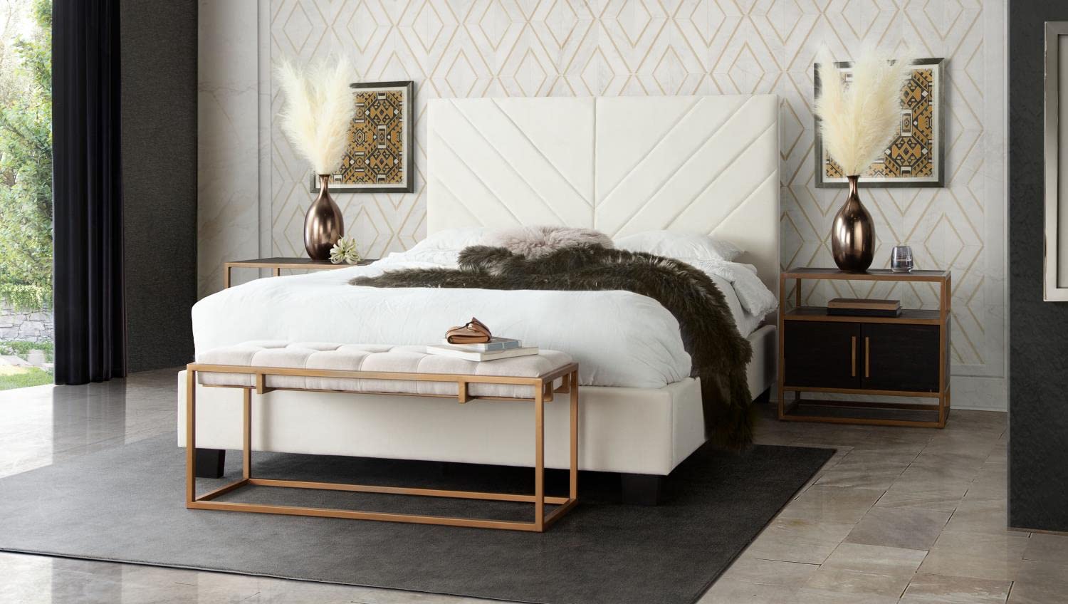 Vogue Queen Bed w/ 54" Headboard in Light Cream Velvet by Diamond Sofa