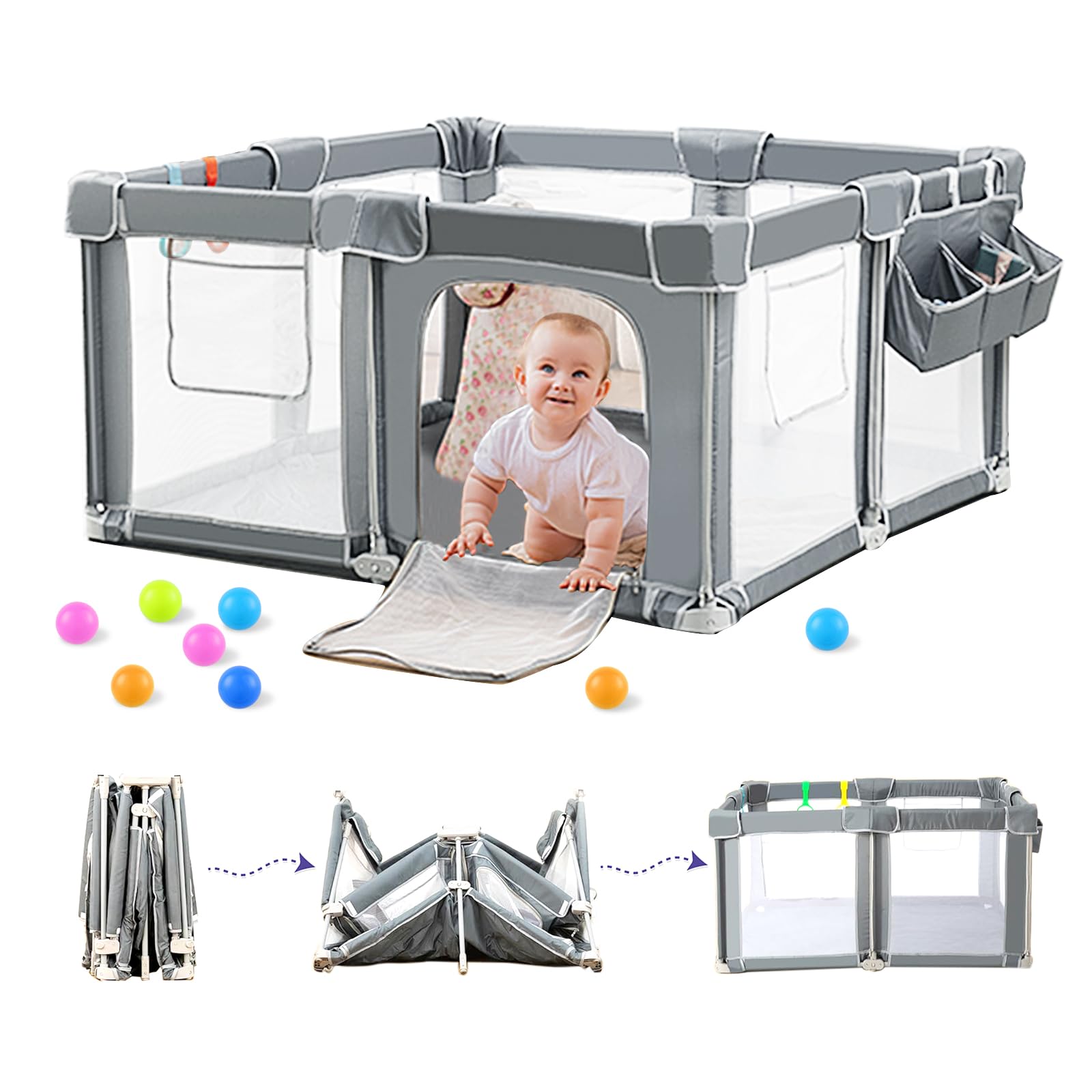 CAPAKIDS Foldable Baby Playpen 50x50, Out-of-The-Box Ready Playpen for Babies and Toddlers, Portable Play Yard with Breathable M