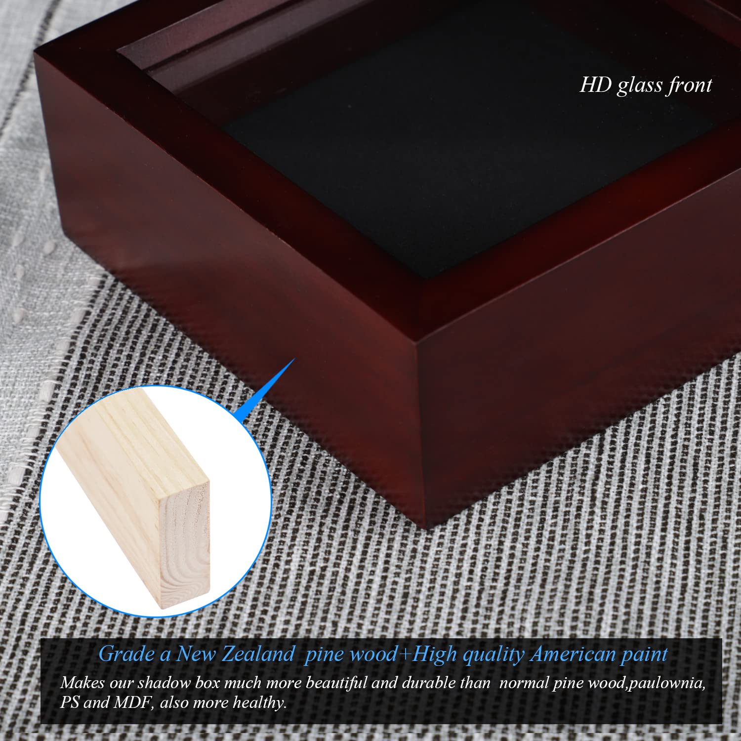 1DOT2 Small Shadow Box Frame Display Case, 5x5, Cherry Red, Grade A Pine Wood, HD Glass Front