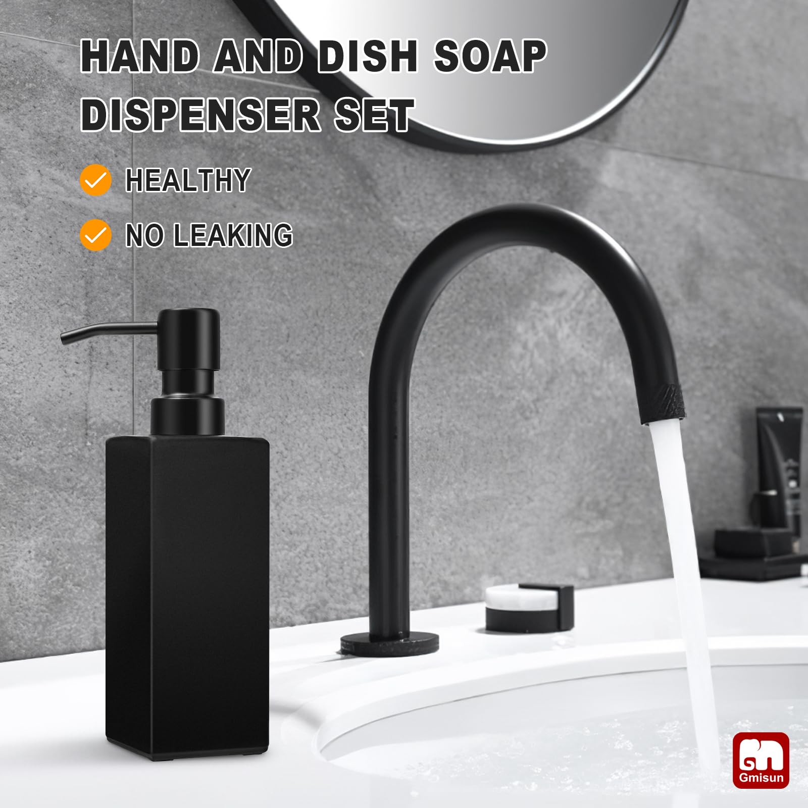 GM GMISUN Black Soap Dispenser Set - 12oz Glass with Stainless Steel Pump, Modern 2 Pack for Kitchen & Bathroom