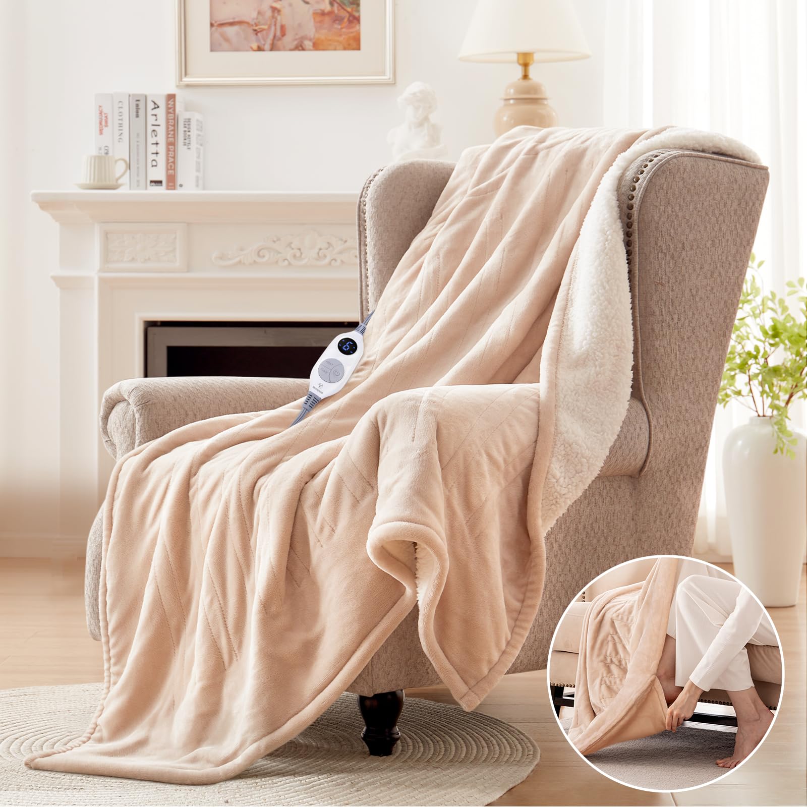 Westinghouse Electric Throw Blanket With Foot Pocket For Adults, Soft Flannel To Sherpa Heated Throw With 6 Heating Levels & 2-1