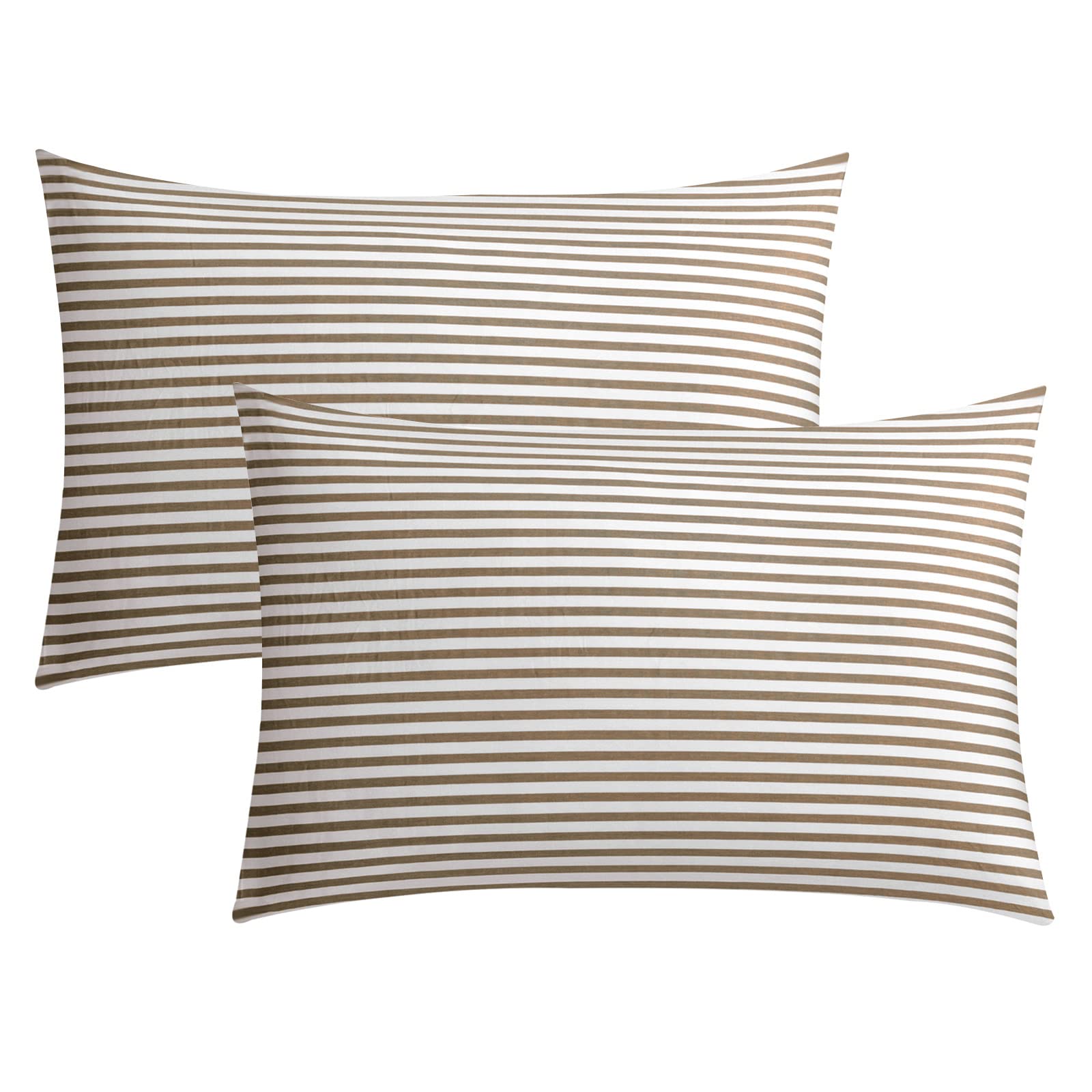 Jellymoni 100% Natural Cotton Striped Queen Pillowcases Set, 2 Pack White And Khaki Stripes Pattern Printed Pillow Covers With E