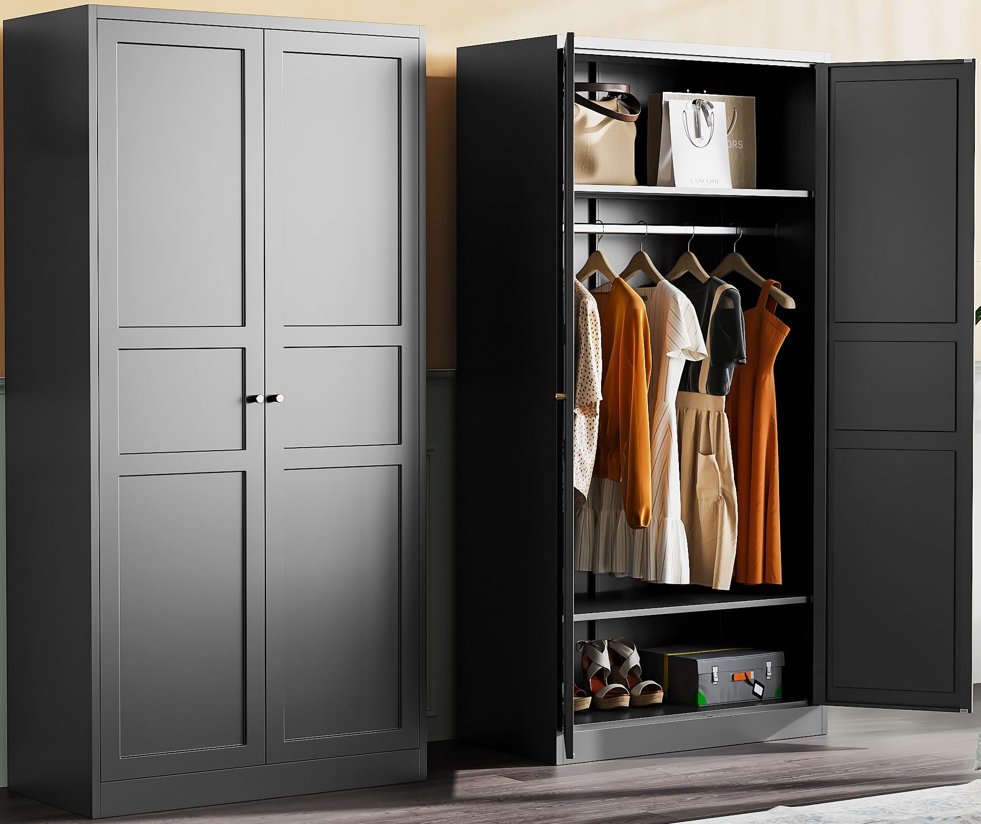 Metal Wardrobe Cabinet with Hanging Rod,Black Armoire Wardrobe Closet,Metal Clothing Storage Cabinet with Adjustable Shelves and