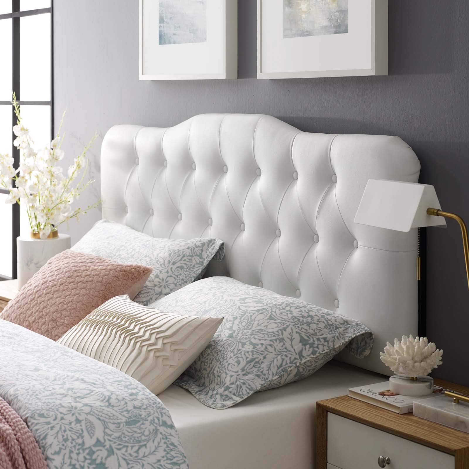 Modway Annabel Tufted Button Faux Leather Upholstered Queen Headboard in White