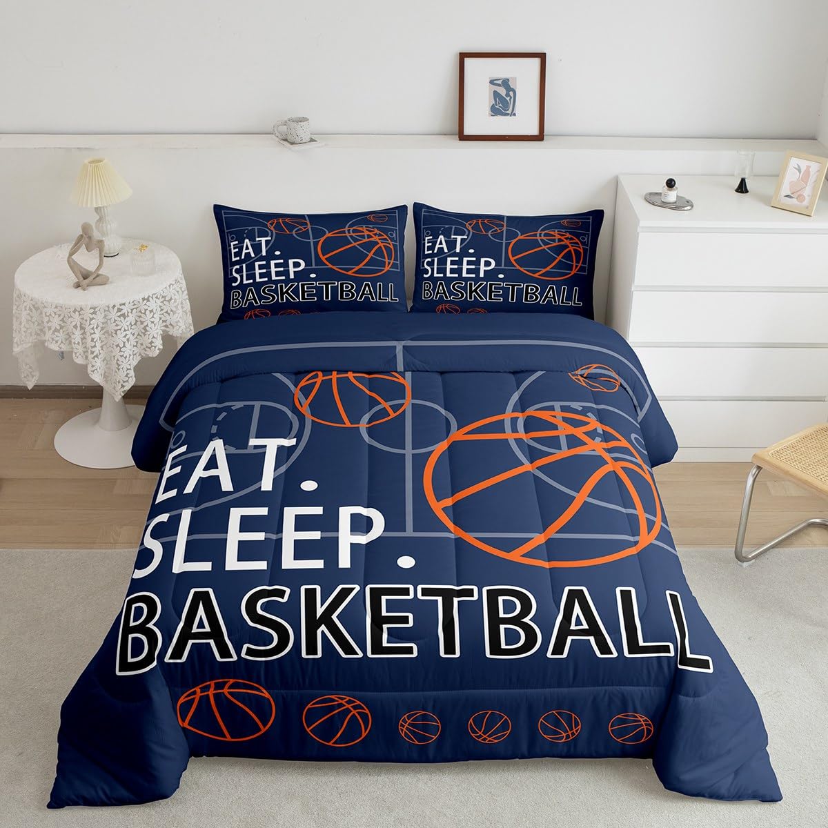 Feelyou Basketball Bedding Set for Girls Boys Kids Toddle Size Navy Blue Comforter Basketball Pattern Comforter Set Sport Game B