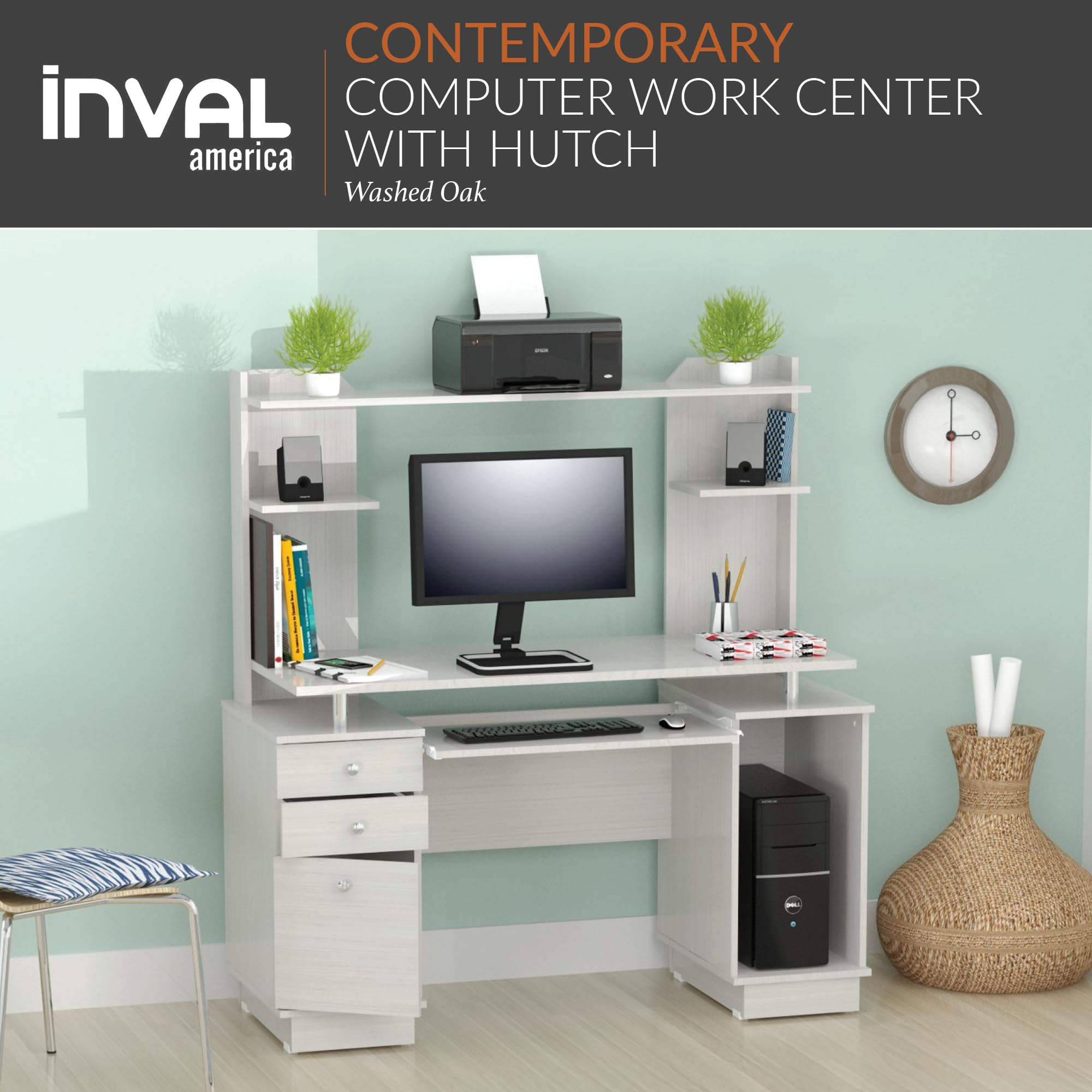 Inval America Work Center - Washed Oak, 53.5"H x 48.62"W x 19.5"D, with Hutch & Pull-Out Keyboard Tray