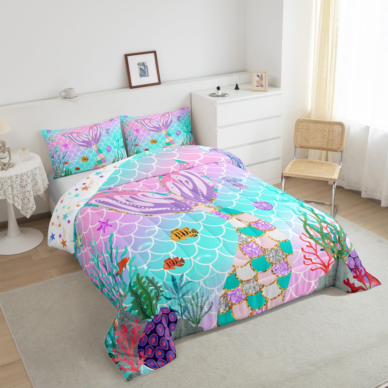 Erosebridal Mermaid Tail Comforter Set,Kids Fish Scales Duvet Stuffing Full,Girly Rainbow Bedding Set Ocean Life Sea Animal Bed Quilt Teal Sequins Pastel Pink Paillette Bedroom Decor,Multicolor