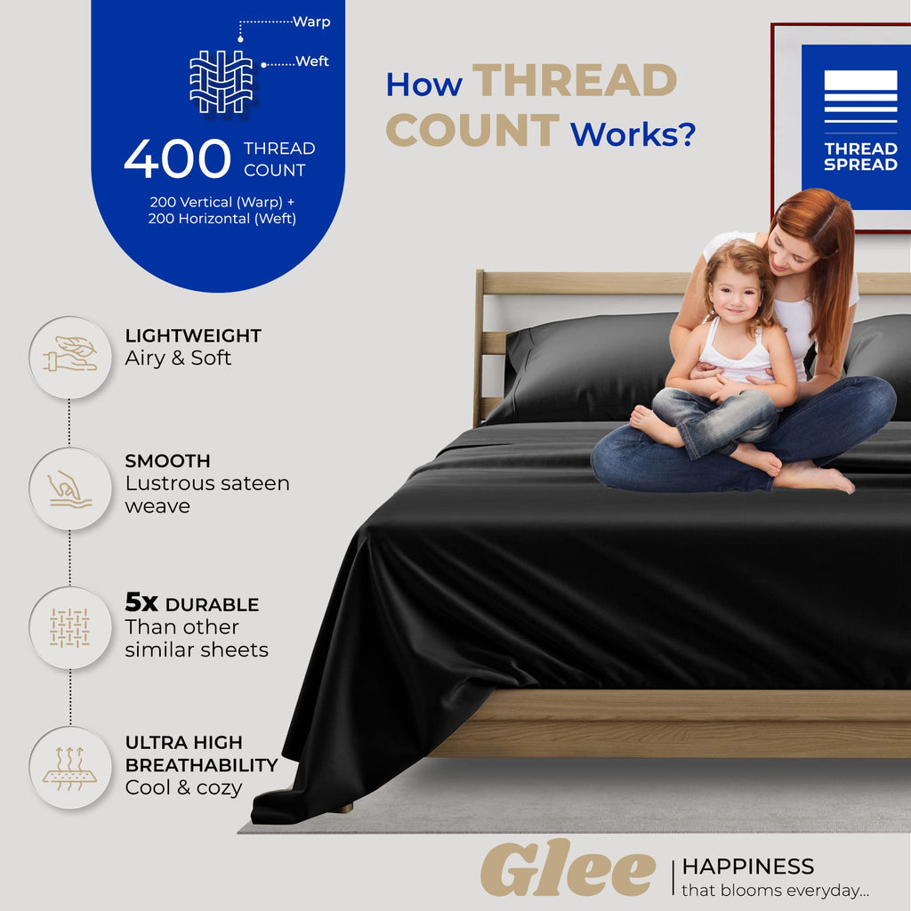 Thread Spread 100% Cotton Split King Sheets For Adjustable Bed - 400 Thread Count 5 Pc Sateen Split Sheet Set, Soft, Breathable Cooling Cotton Sheets - 16' Deep Pocket Split King Sheet (Black)