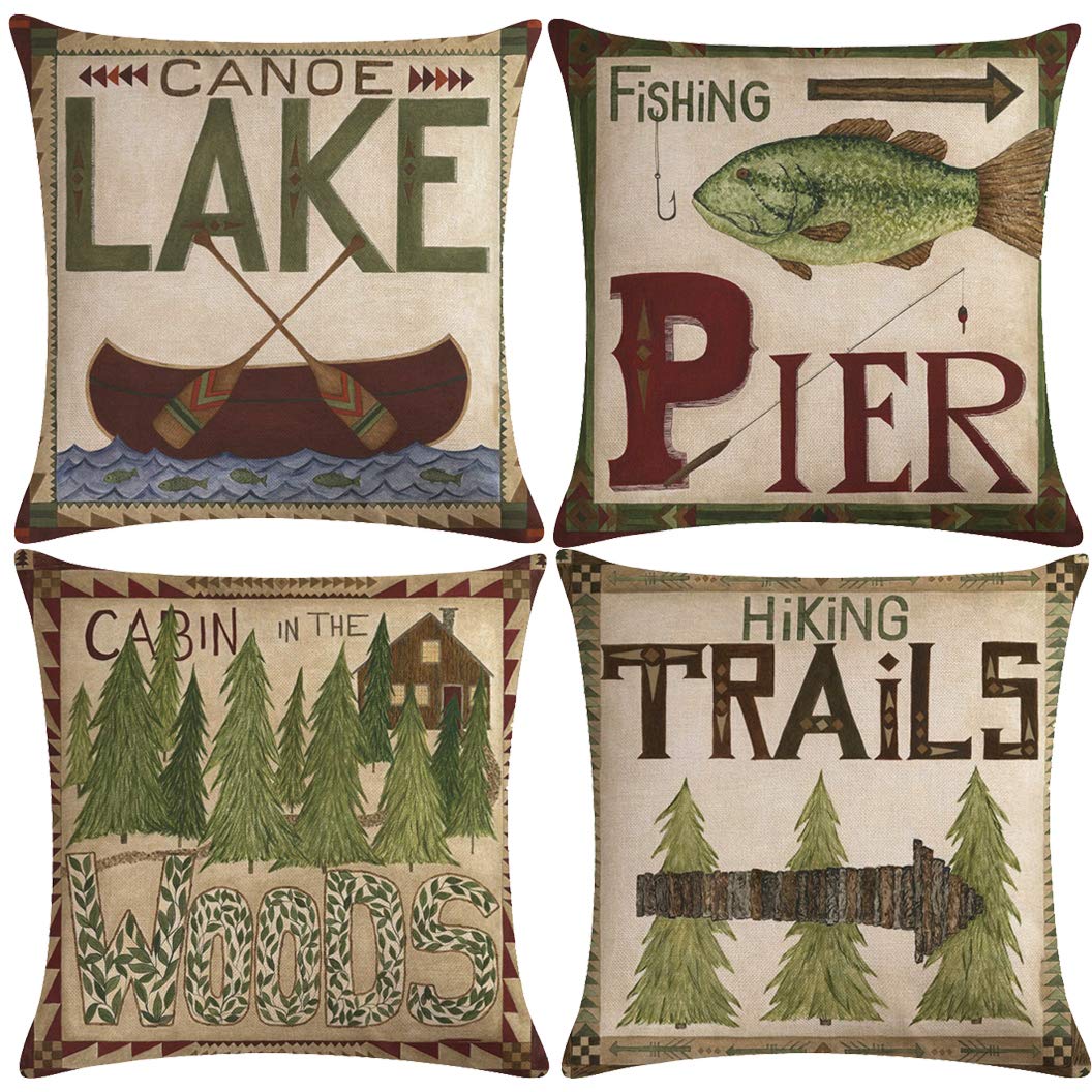 7Colorroom Set Of 4 Vintage Sea Pillow Covers Ocean Style Lake/Forest/Fish Cushion Cover Nautical Beach House Decorative Square
