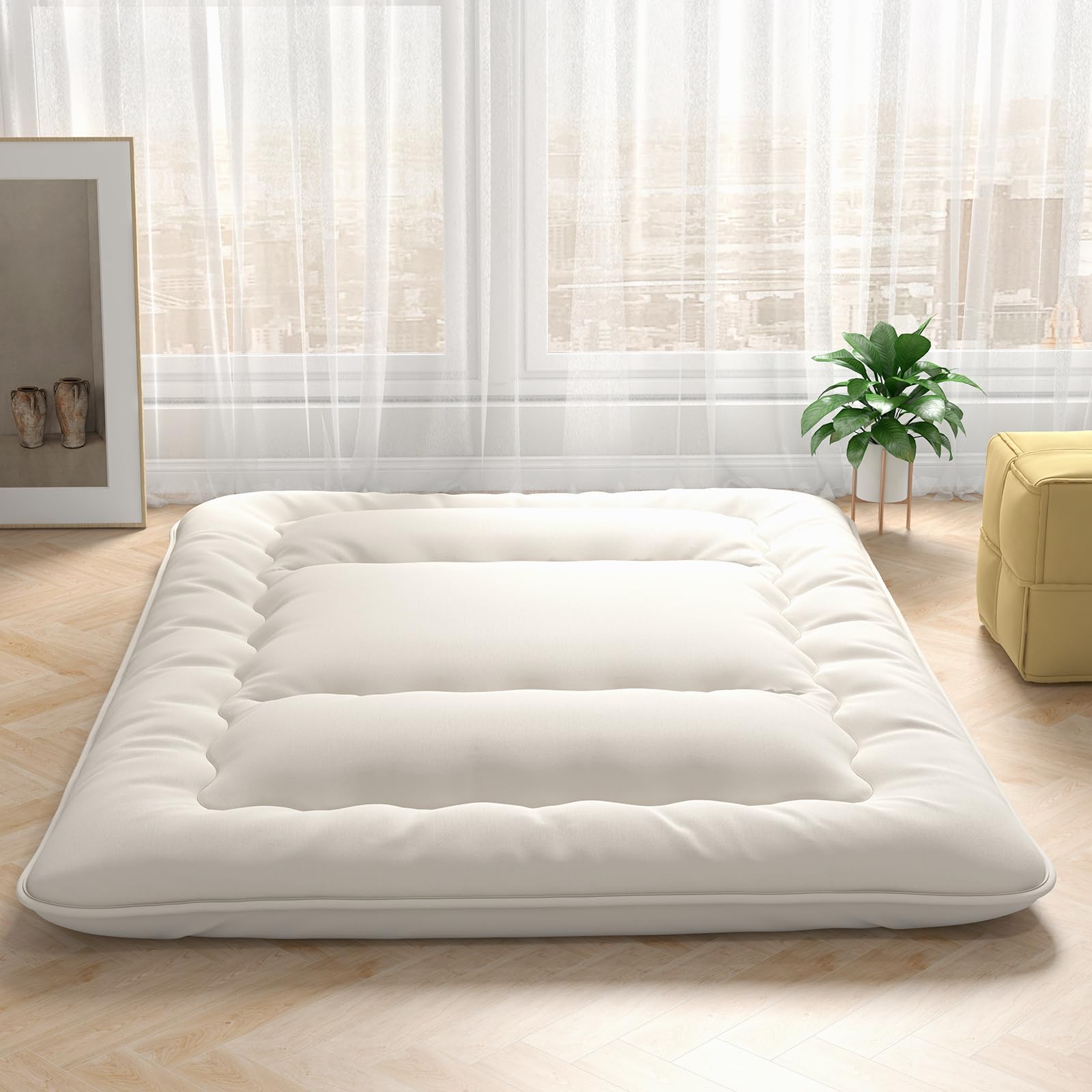Giantex Japanese Floor Mattress Futon Mattress, Roll Up Mattress Tatami Mat With Washable Cover And Carry Bag, Foldable & Portable Sleeping Pad For Dormitory Camping, Floor Lounger Bed, Queen