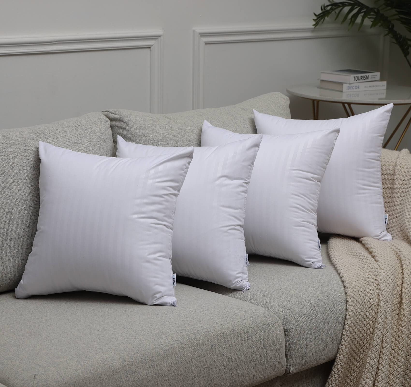 Kingnex 4 Pack Feather Proof Pillow Protectors, 22x22 Waterproof Covers for Goose Down Square Throw Pillows, White