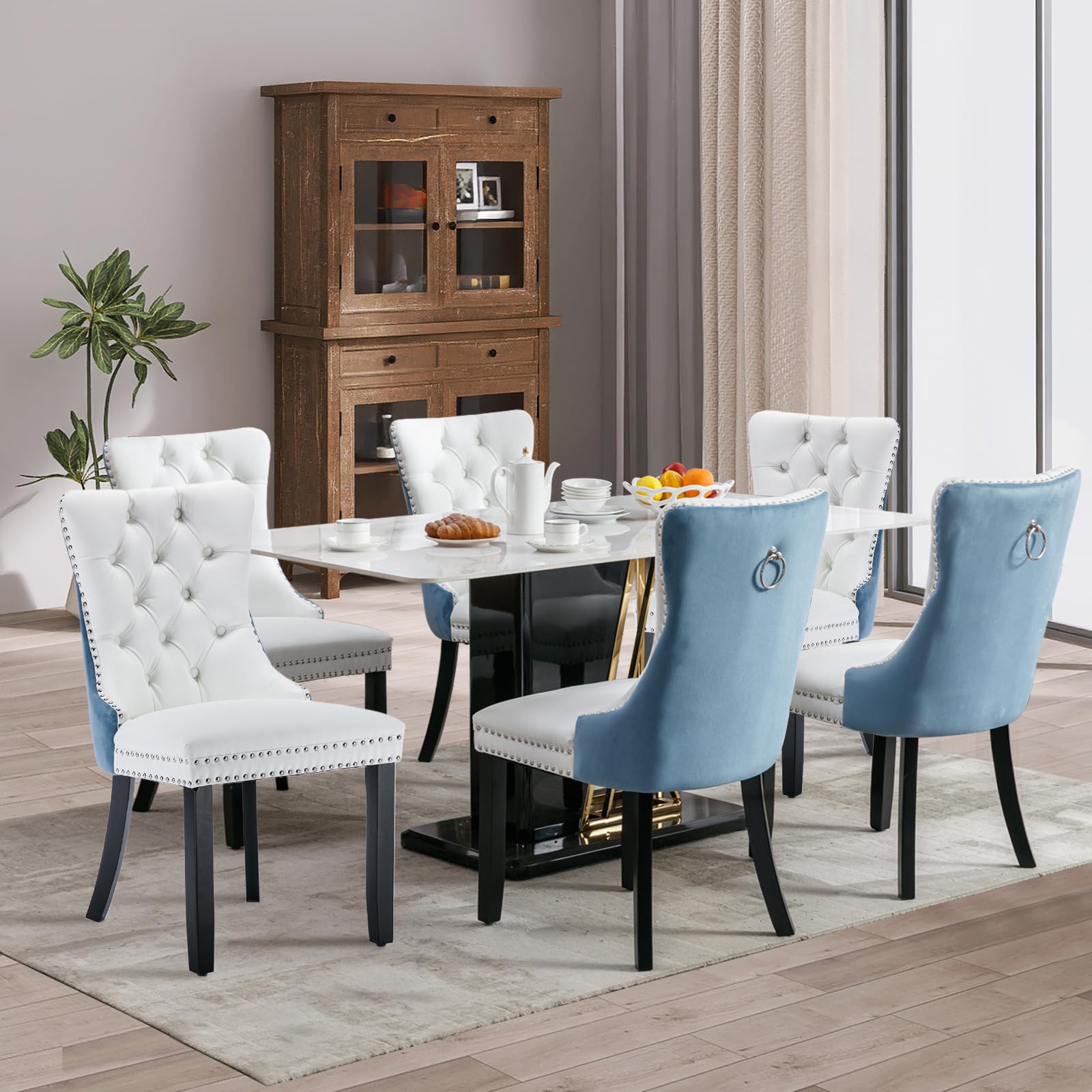 Soarflash Leather Dining Chairs Set Of 6, Tall Back Side Chair, Modern Upholstered Side Chair With Button Back Ring, Solid Wood