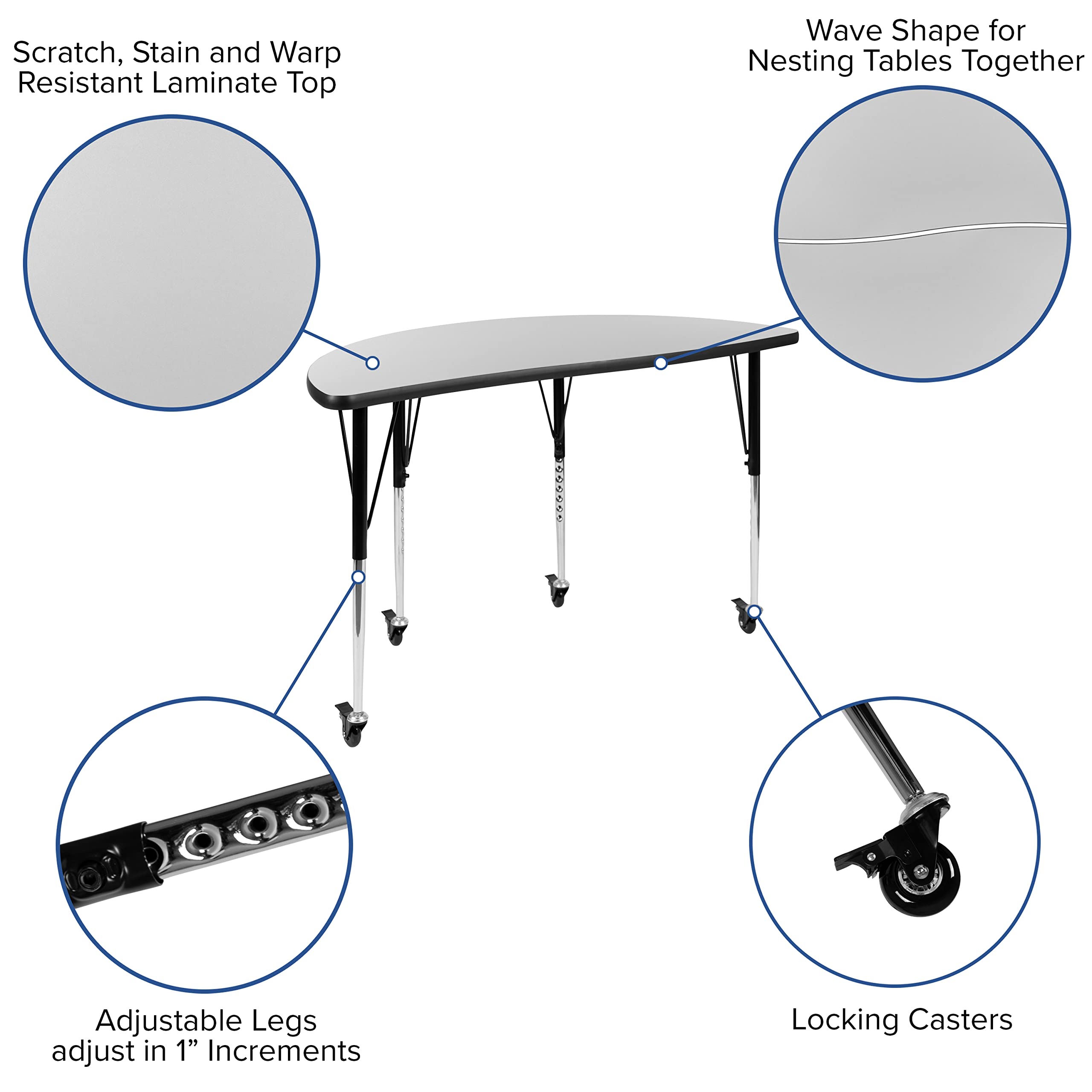 Flash Furniture Mobile 47.5" Half Circle Wave Collaborative Grey Thermal Laminate Activity Table - Standard Height Adjustable Legs