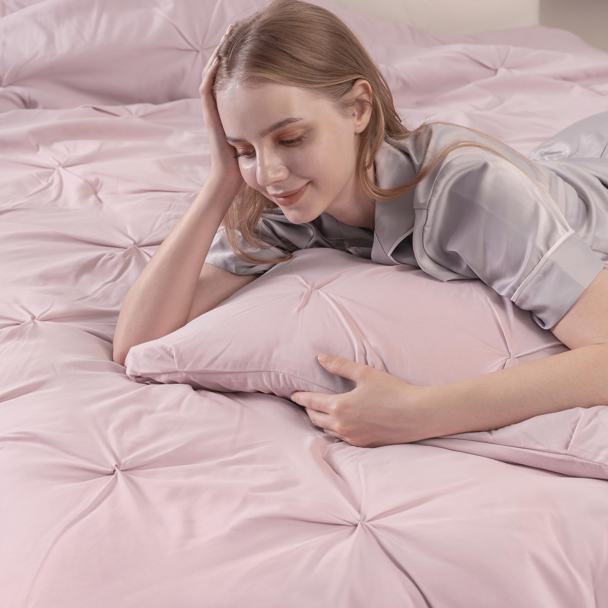 Downcool King Size Comforter Set - 3 Pieces Cute Pintuck Bedding Comforter Sets, Soft Fluffy Pink Comforter King Size, All Seaso