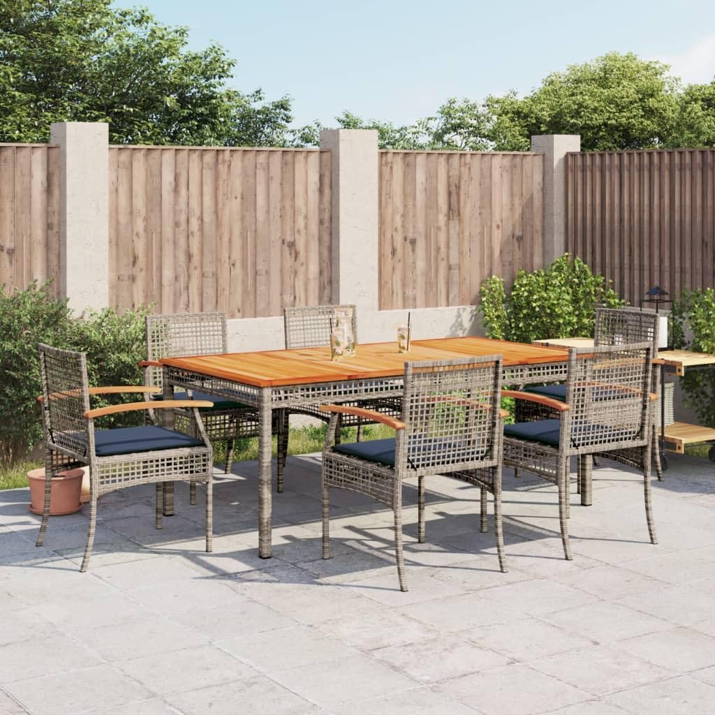 vidaXL 7-Piece Patio Dining Set - PE Rattan, Cushions, and Acacia Wood Table - Outdoor Furniture for Garden, Backyard, Patio - Gray/Navy Blue
