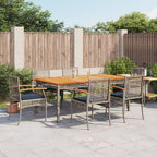 vidaXL 7-Piece Patio Dining Set - PE Rattan, Cushions, and Acacia Wood Table - Outdoor Furniture for Garden, Backyard, Patio - Gray/Navy Blue