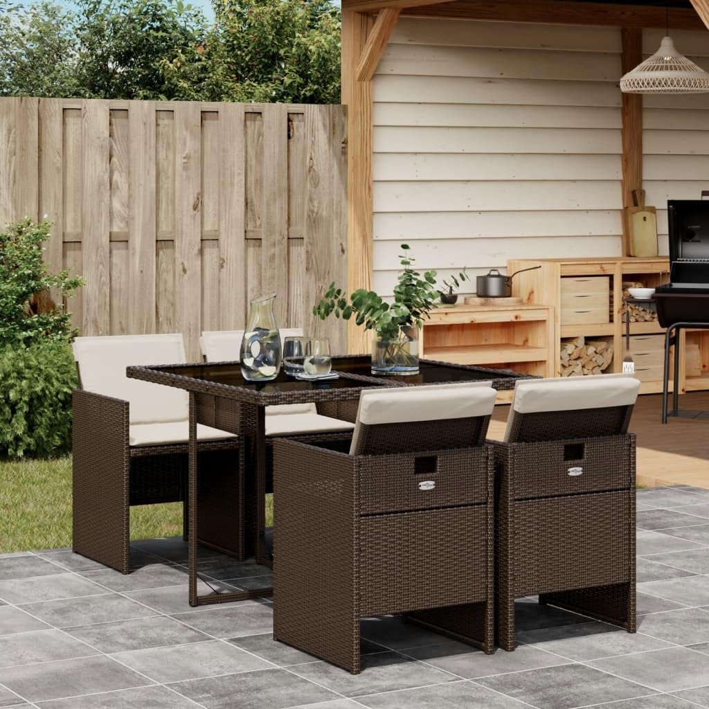 vidaXL Patio Dining Set 5-Piece Brown Poly Rattan with Cushions, Tempered Glass Table for Outdoor/Garden/Patio