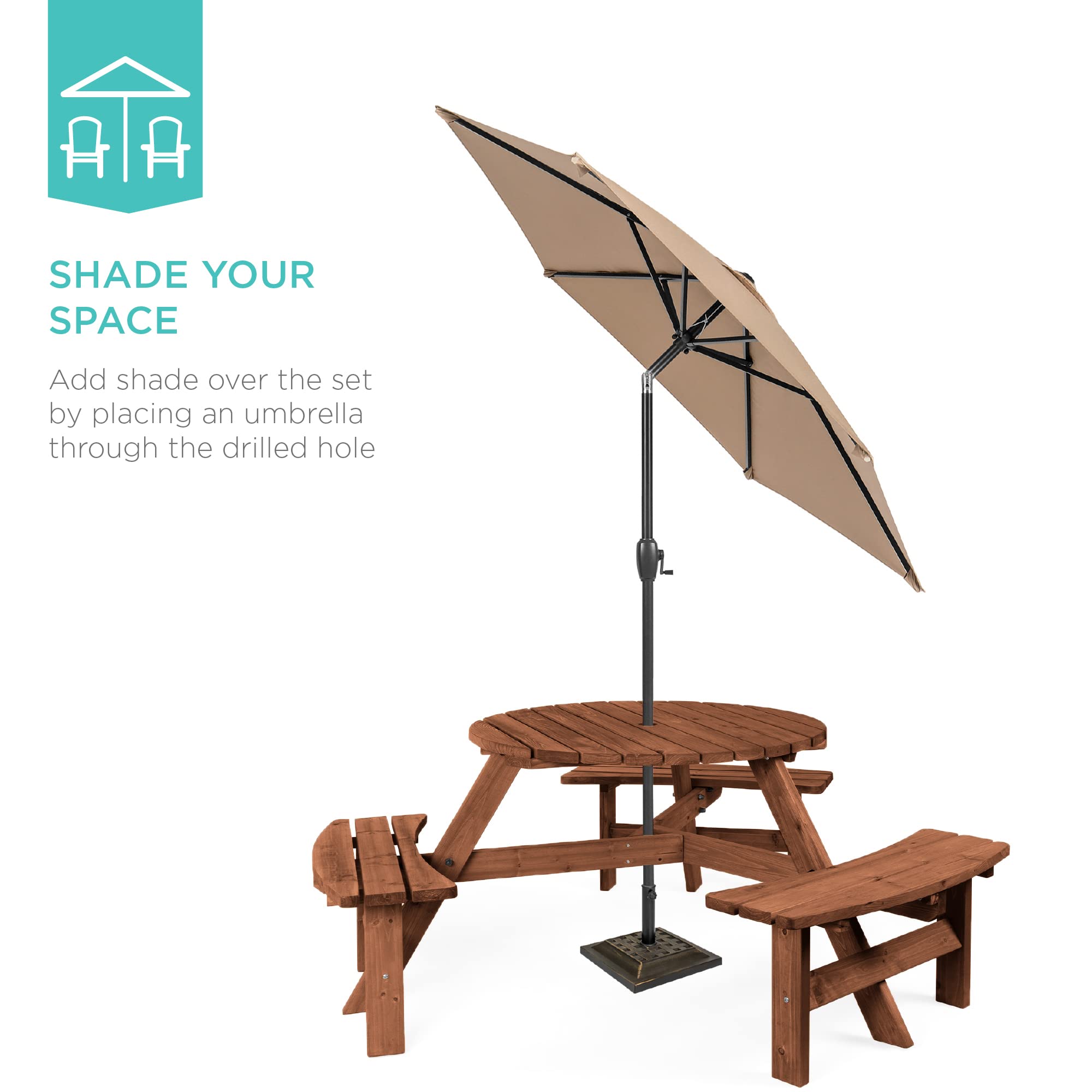 Best Choice Products 6-Person Circular Outdoor Wooden Picnic Table For Patio, Backyard, Garden, Diy W/ 3 Built-In Benches, 500Lb Capacity - Walnut Brown