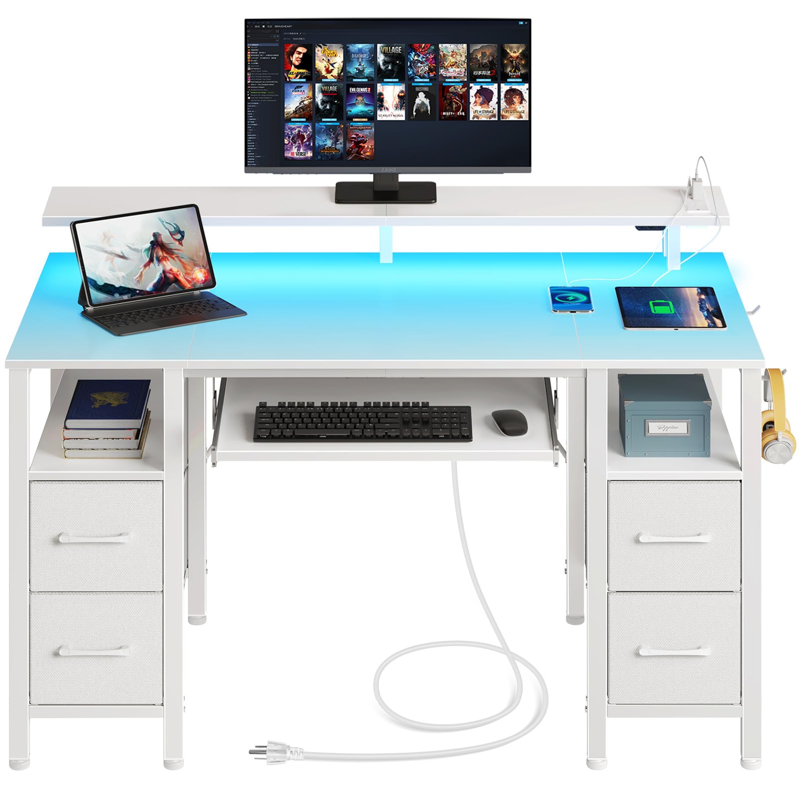 Seventable Computer Desk 55.1' With Led Lights & Power Outlets, Home Office Desk With 4 Drawers, Writing Desk With Keyboard Tray, Study Table With Monitor Stand, Work For Home Office, White