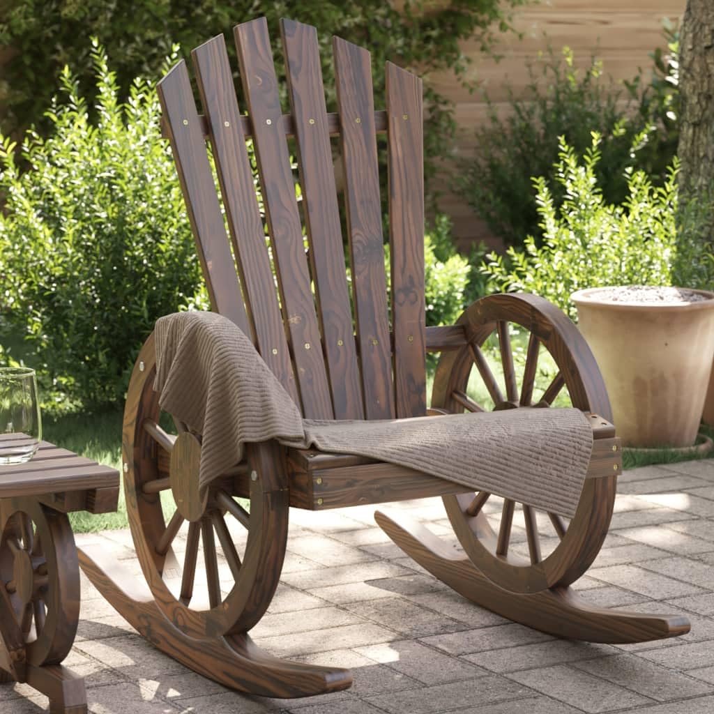 vidaXL Rocking Adirondack Chair - Solid Wood Fir, Burnt Finish, Ergonomic Design with Wagon-Wheel Armrests for Garden, Patio, Deck