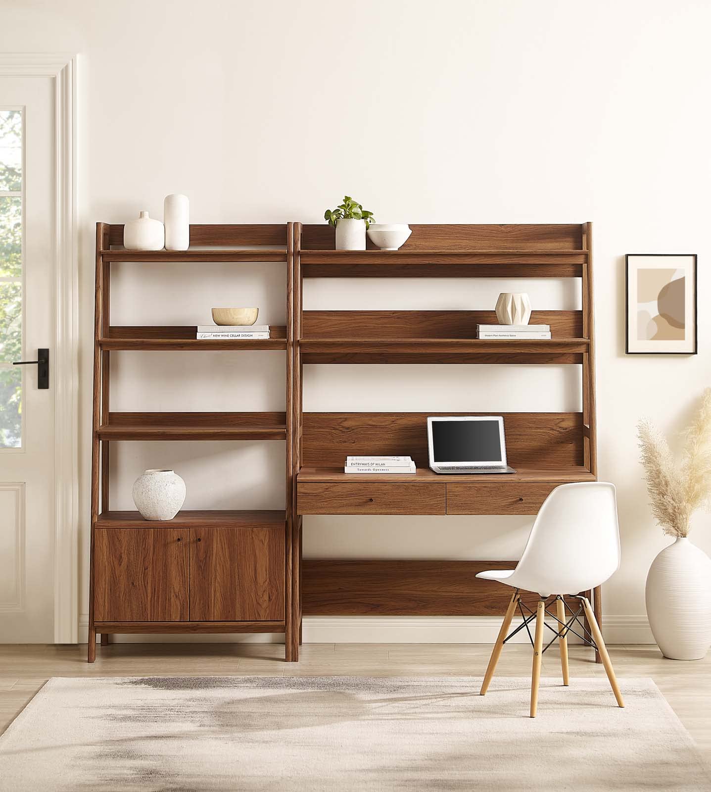 Modway Bixby 2-Piece Home Office Desk and Bookshelf Display Case in Walnut