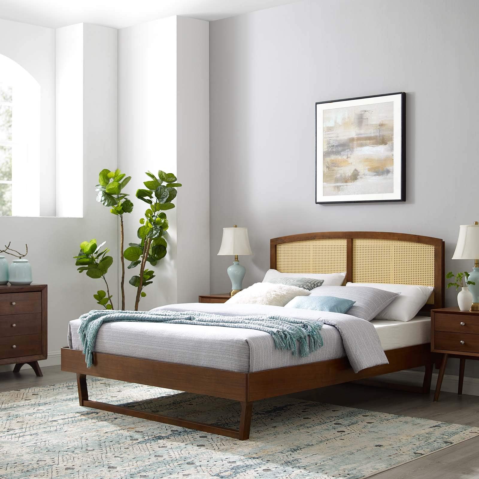 Modway Sierra Cane And Wood King Platform Bed With Angular Legs In Walnut