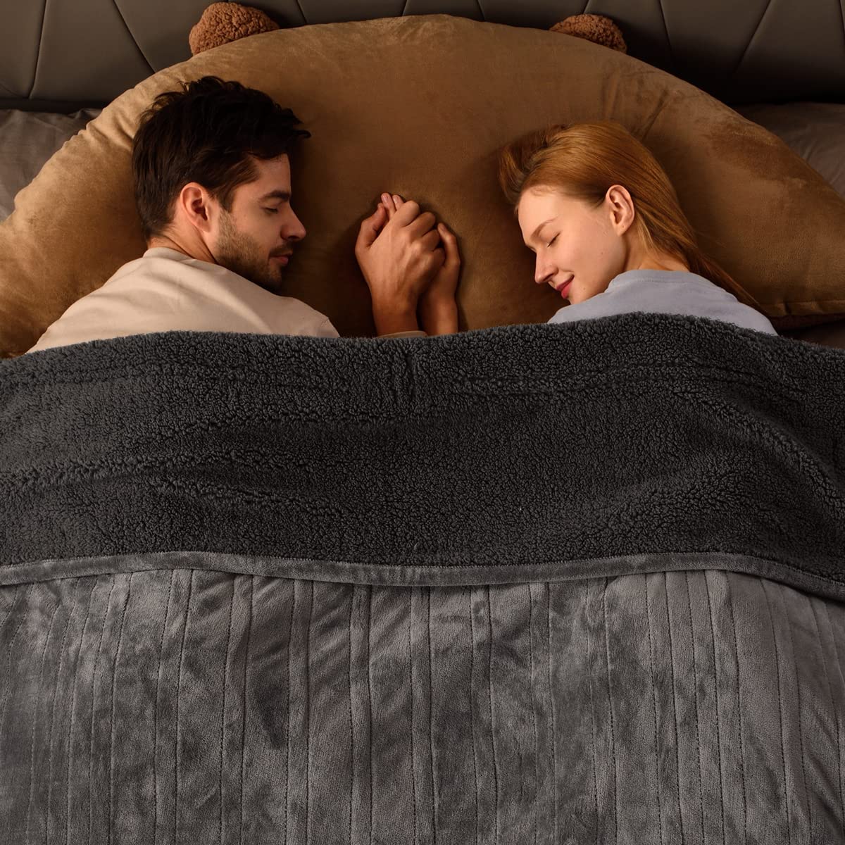 Bearhug Electric Blanket Queen Size 84' X 90', Dual Controllers Grey Heated Blanket, Velvet & Sherpa, 10-Heating Level & 1-12H