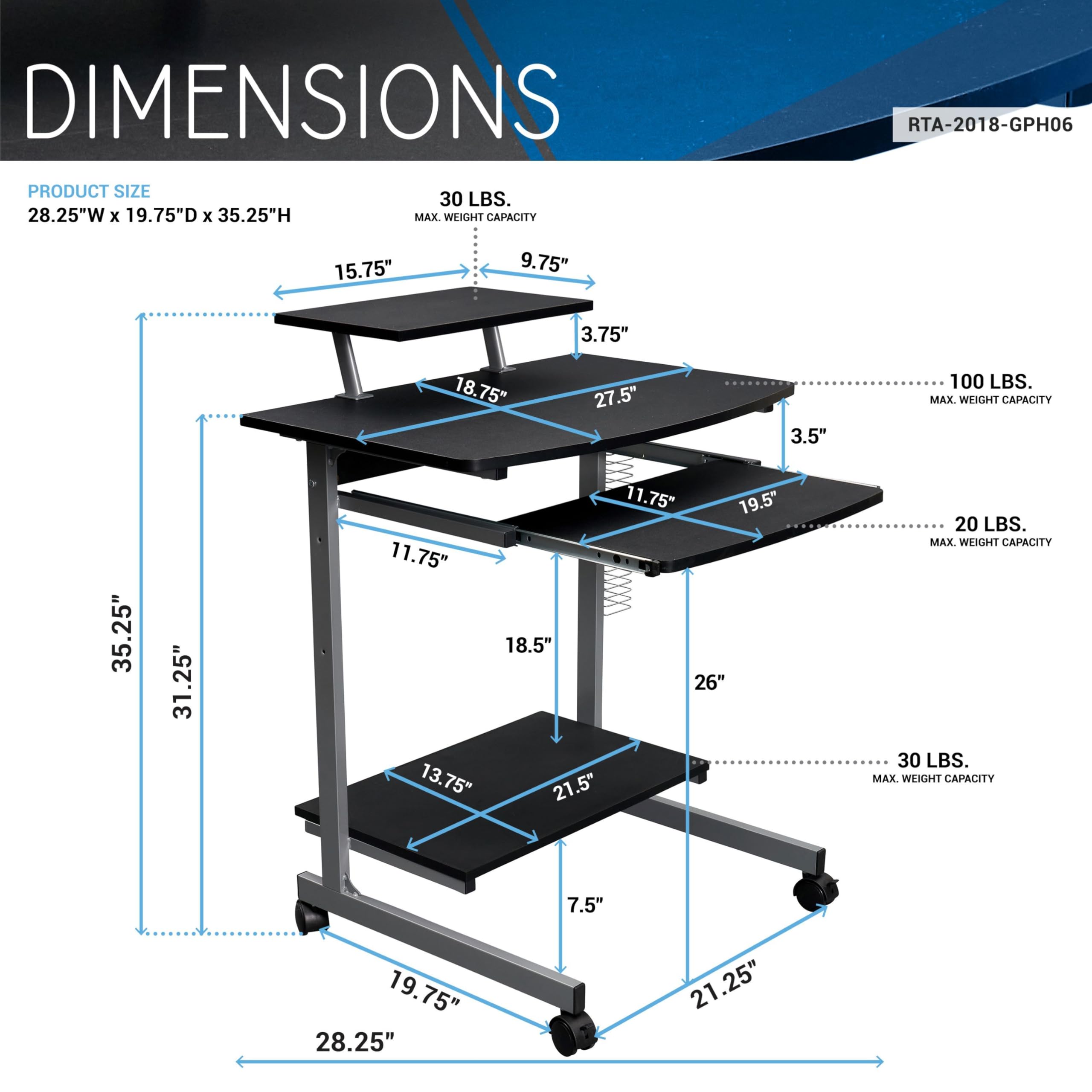 Rolling Mobile Computer Desk/Cart with Storage Shelves, Rolling Working Station for Small Spaces, Printer Shelf