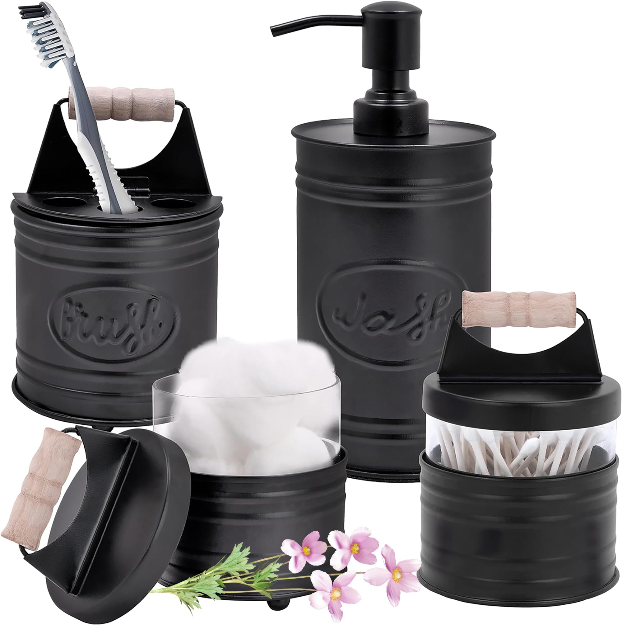 Autumn Alley Rustic Bathroom Accessories Set 4 - Black Farmhouse Soap Dispenser, Rustic Toothbrush Holder, 2 Apothecary Jars Qti