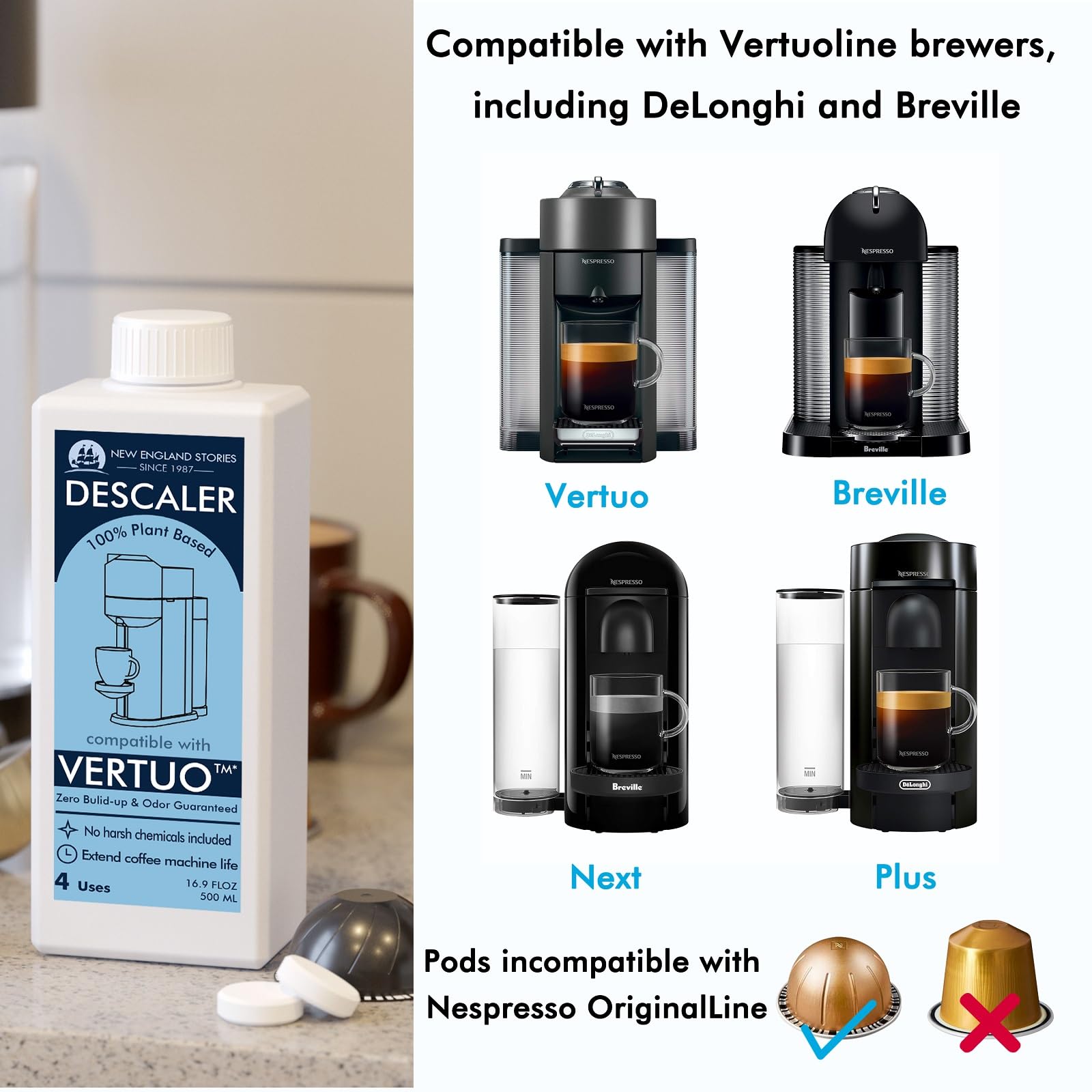 New England Stories Descaling Kit for Nespresso Vertuo - 16.9 Fl Oz, Includes Reusable Pod & 12 Cleaning Tablets, Odorless Solution
