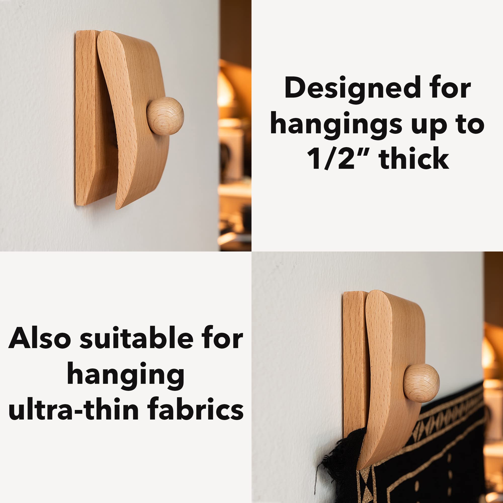 MOCTUS 4 Quilt Hangers - Black Wooden Rug Hangers for Wall Display, Perfect for Blankets & Tapestries, Includes 4 Clips & Hardware