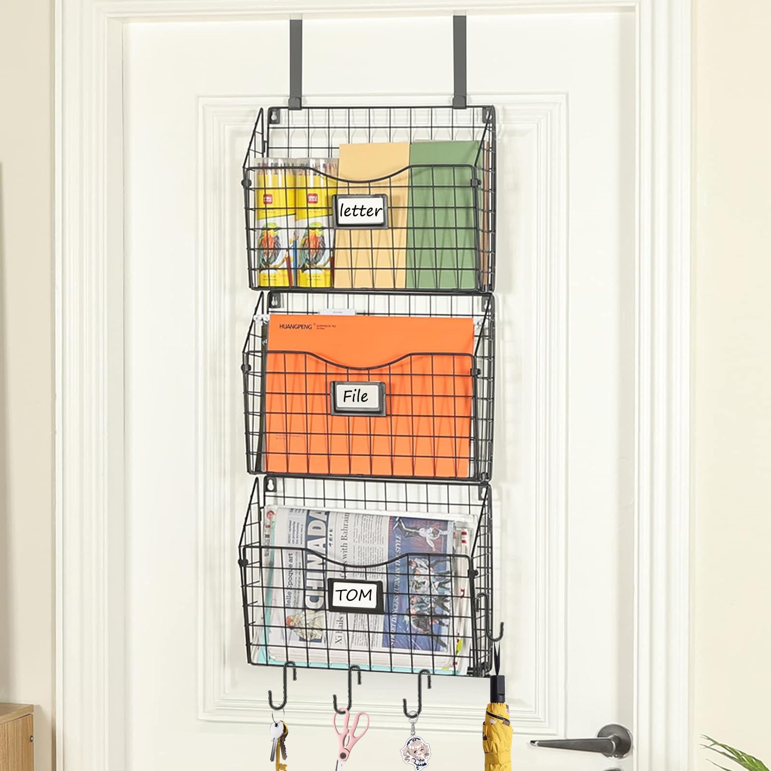 X-Cosrack 3-Tier Hanging Wall Files Rack With Door Hooks And 6Pcs S Shape Hooks, Over The Door File Organizer &Mounts On Wall Me