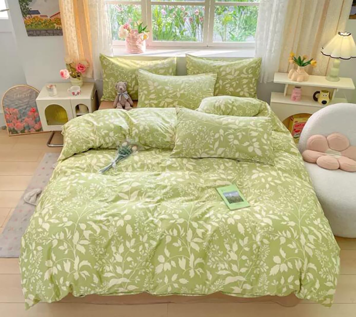 Karever Green Botanical Comforter Set Twin Sage Green Floral Comforter Women Girls Matcha Green Floral Plant Quilts Garden Bohem