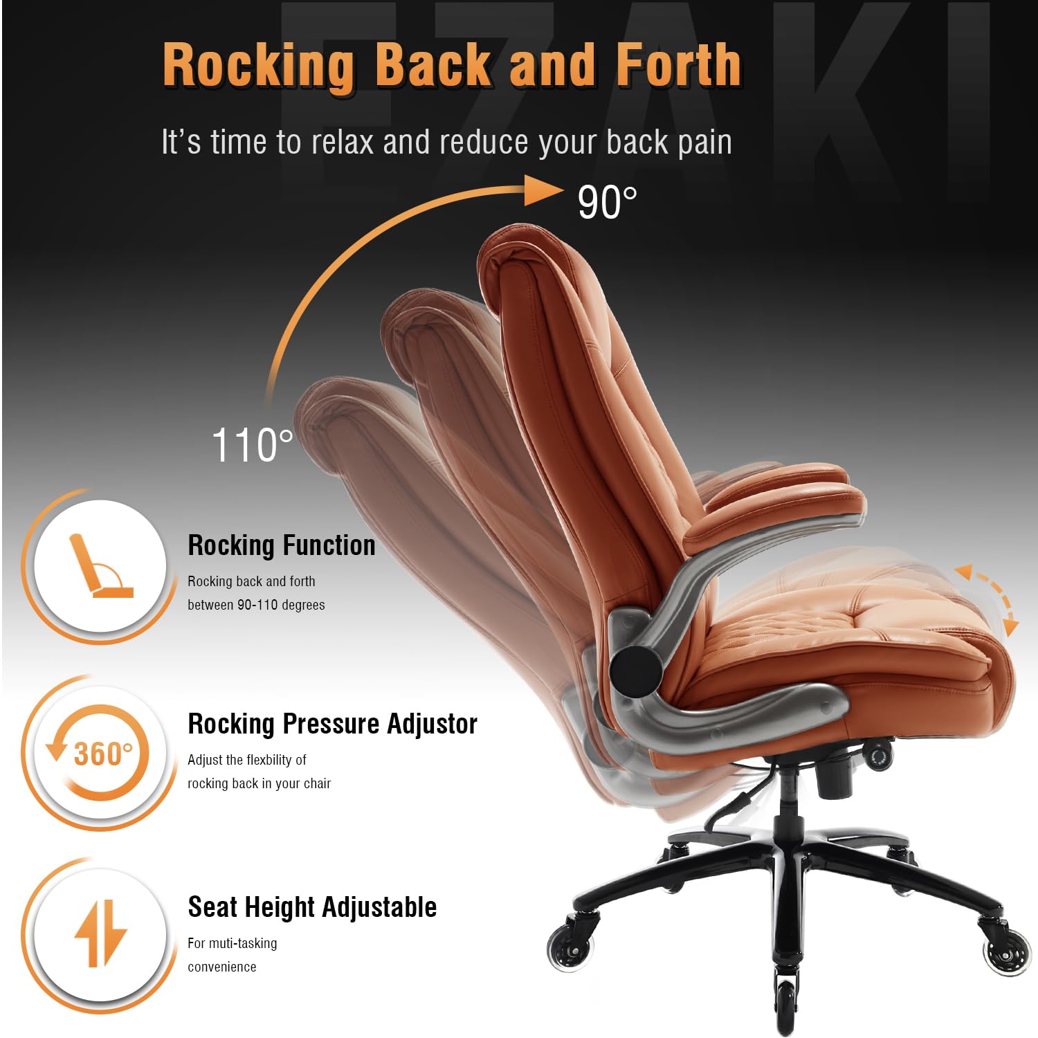EZAKI Ergonomic Office Chair Flip-up Arms Lumbar Support Leather Gold Brown SH003