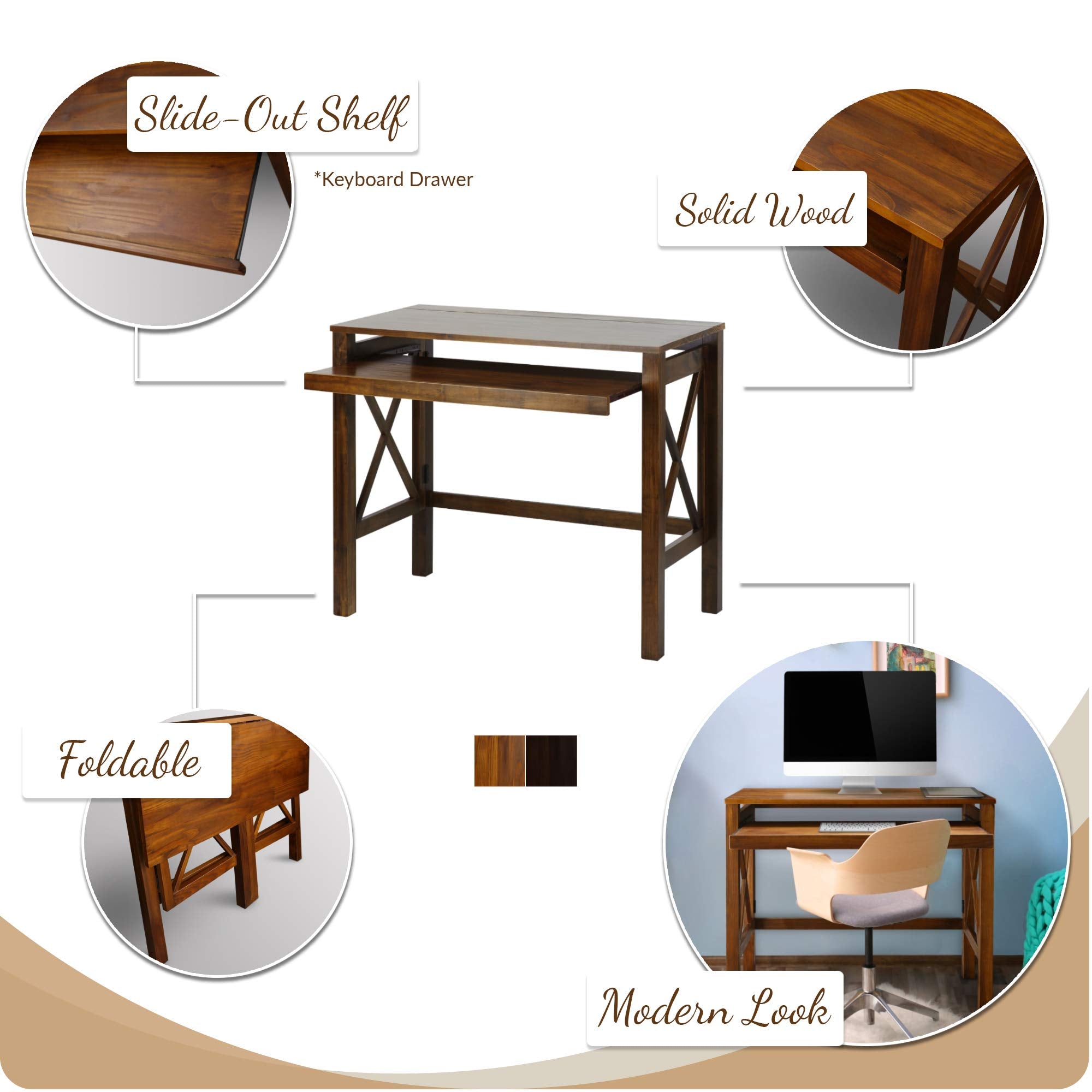 Casual Home Montego Folding Desk With Pull-Out Tray-Espresso