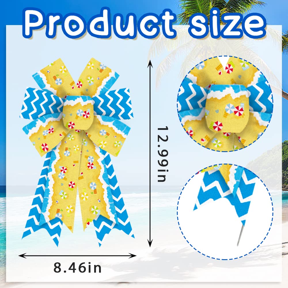 Hying 2Pcs Summer Ocean Bows For Wreath, Blue White Beach Wreath Bows For Summer D  Cor, Spring Blue Beach Wave Bows For Front D