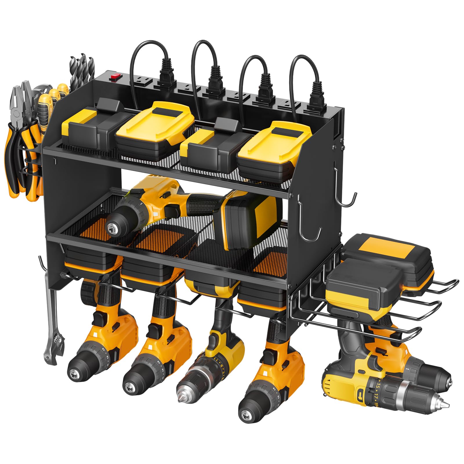 Cccei Modular Power Tool Organizer Wall Mount Charging Station, Black 6 Drills Holder With 8 Plug Power Strip, Garage Drill Battery Heavy Duty Metal Shelf, Utility Rack With Hooks, Side Storage.