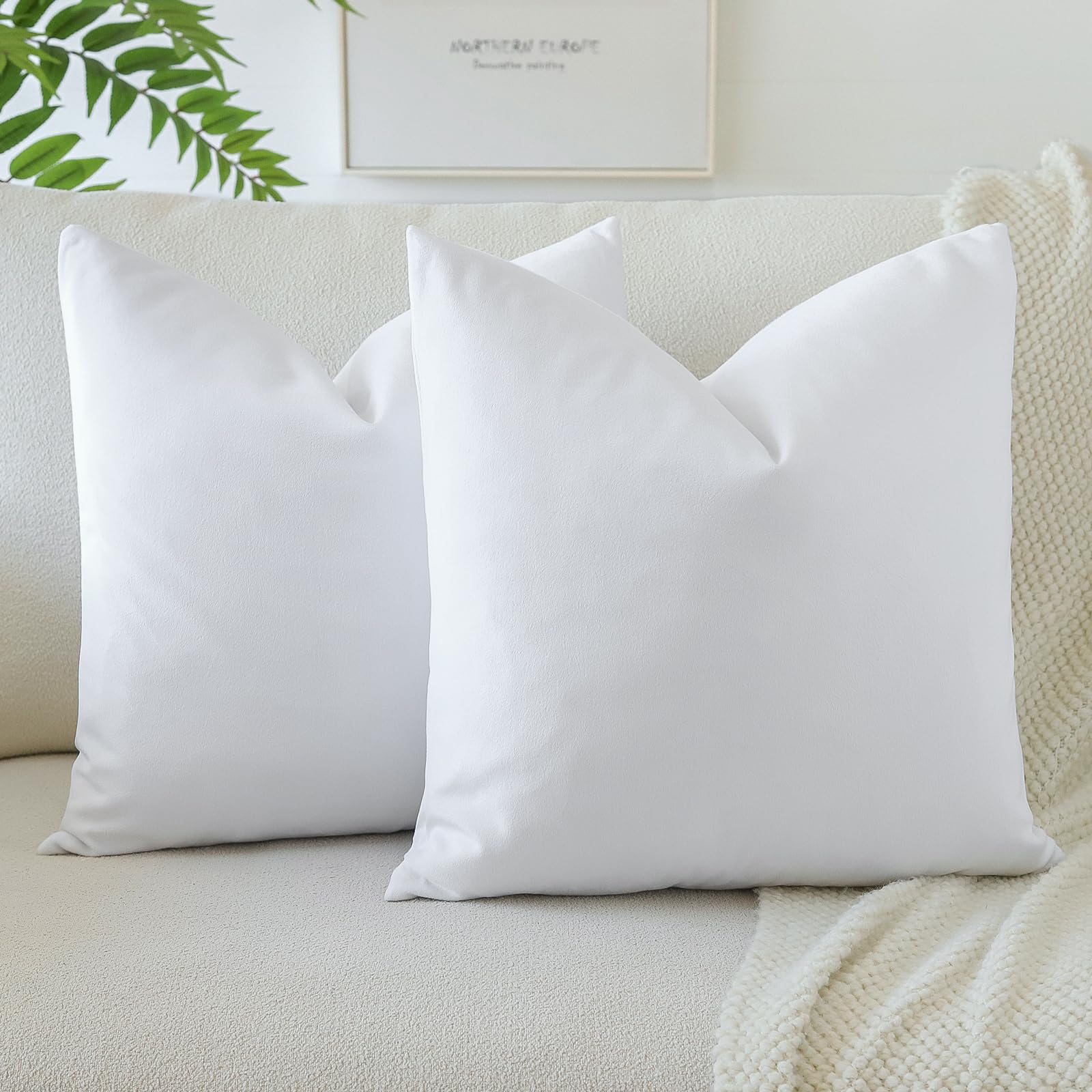 Otostar Pack Of 2 Velvet Soft Decorative Throw Pillow Covers 18 X 18 Inch Solid Square Cushion Case Couch Home Decor Pillow Covers For Sofa Bedroom Living Room (Pure White)