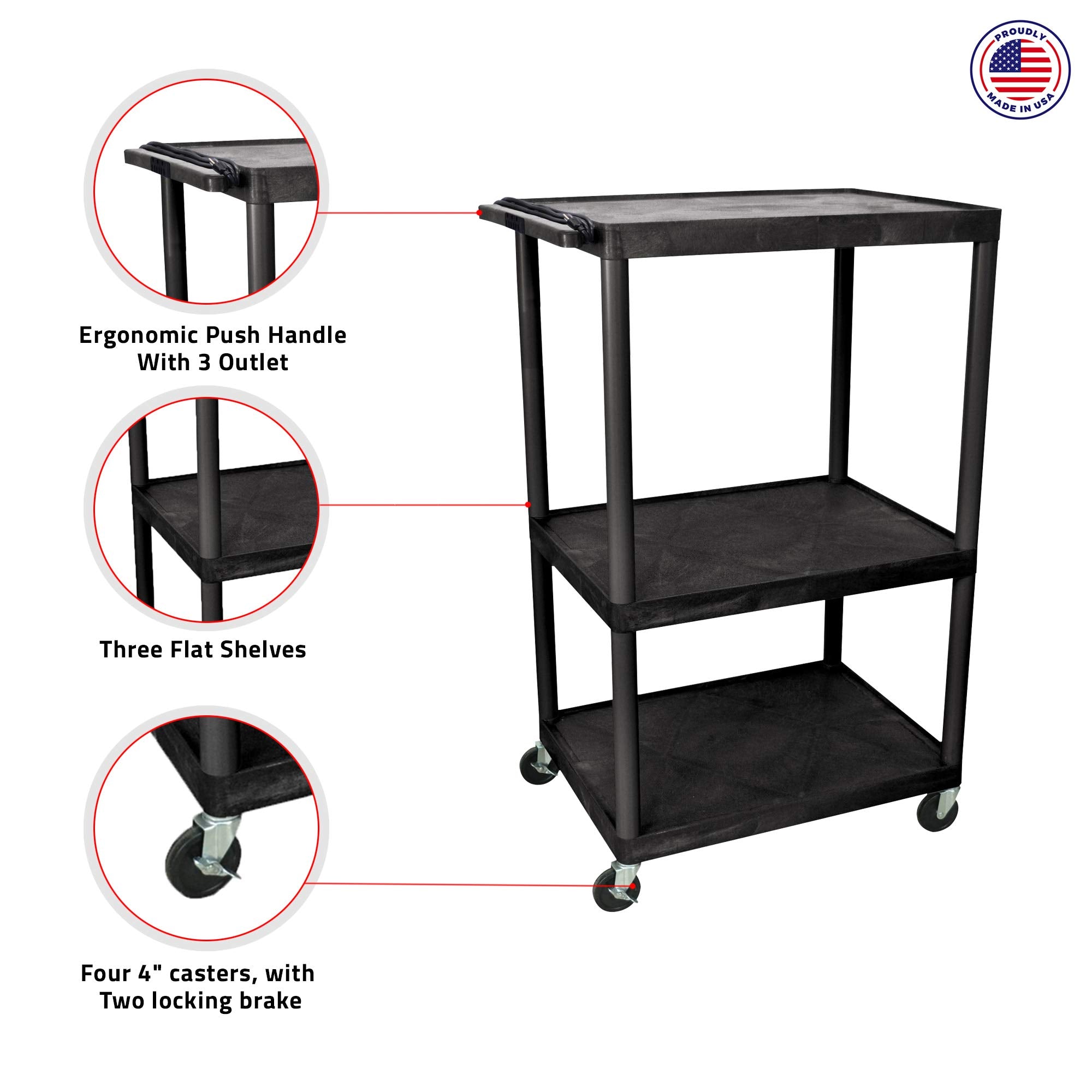 LUXOR LP54E-B 54"H AV Cart - 3 Large Shelves Electric