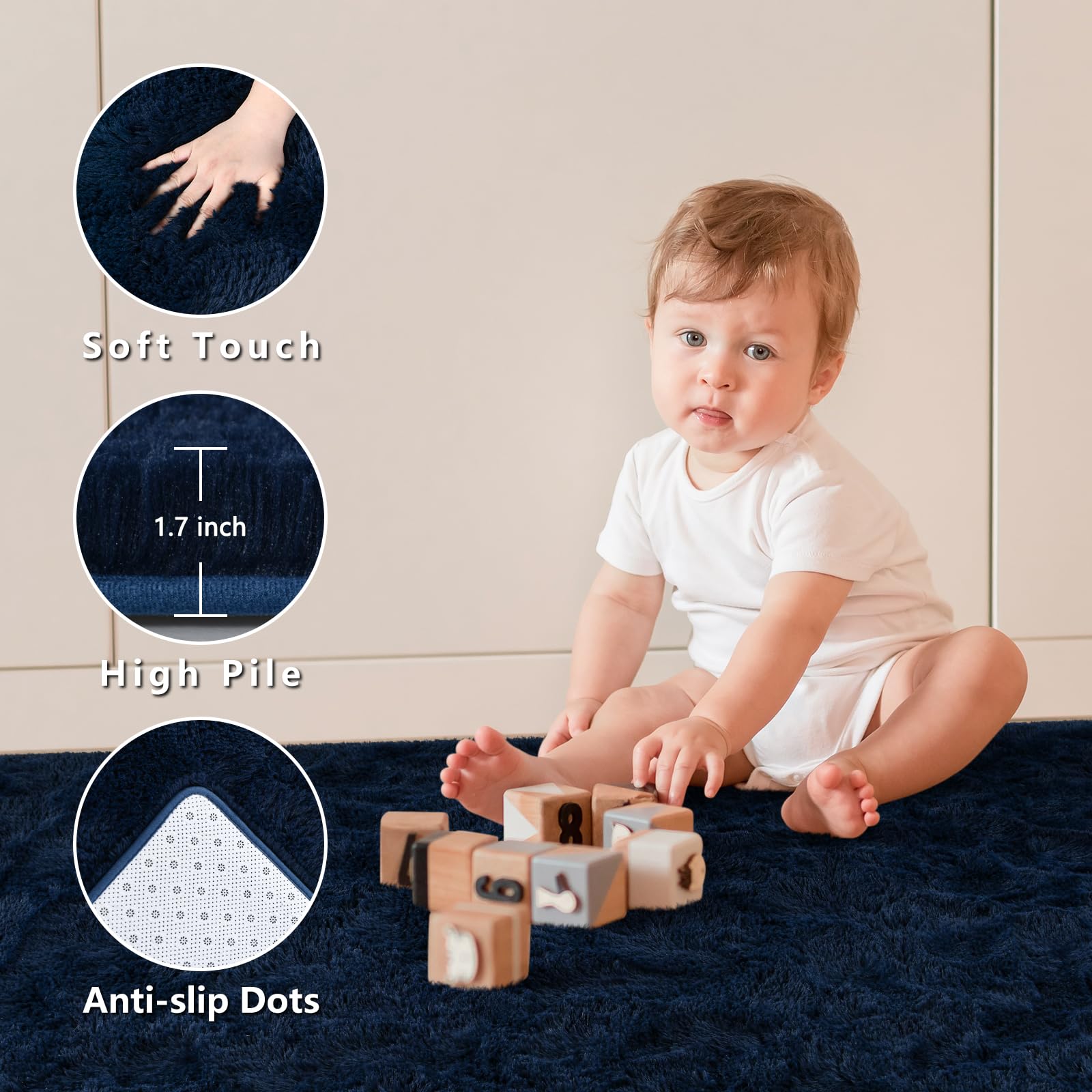 Larhom Fluffy Shag Area Rug For Bedroom Living Room, 4X6 Ft Navy Blue Fuzzy Plush Rugs For Kids Girls Boys Room, Nursery Dorm Ro