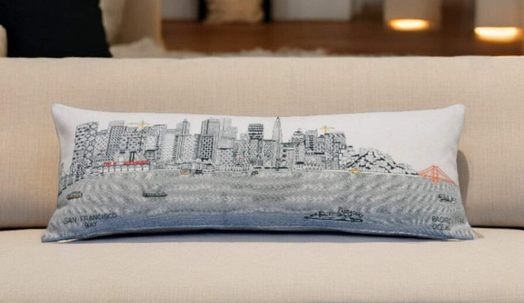 HomeRoots Cream 35' White San Francisco Daylight Skyline Lumbar Decorative Pillow