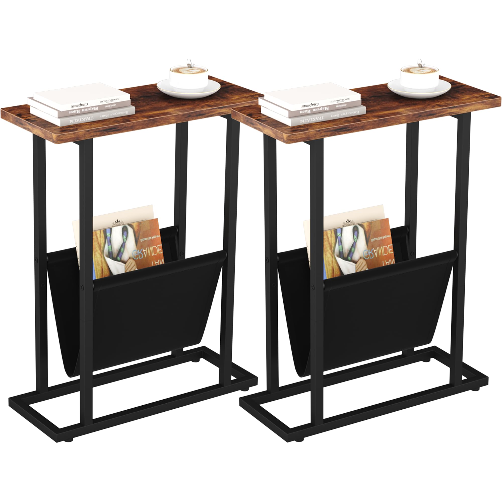 Narrow Side Table for Small Spaces, Small End Table Set of 2 with Magazine Holder Table, Skinny Slim Little Thin Table for Livin
