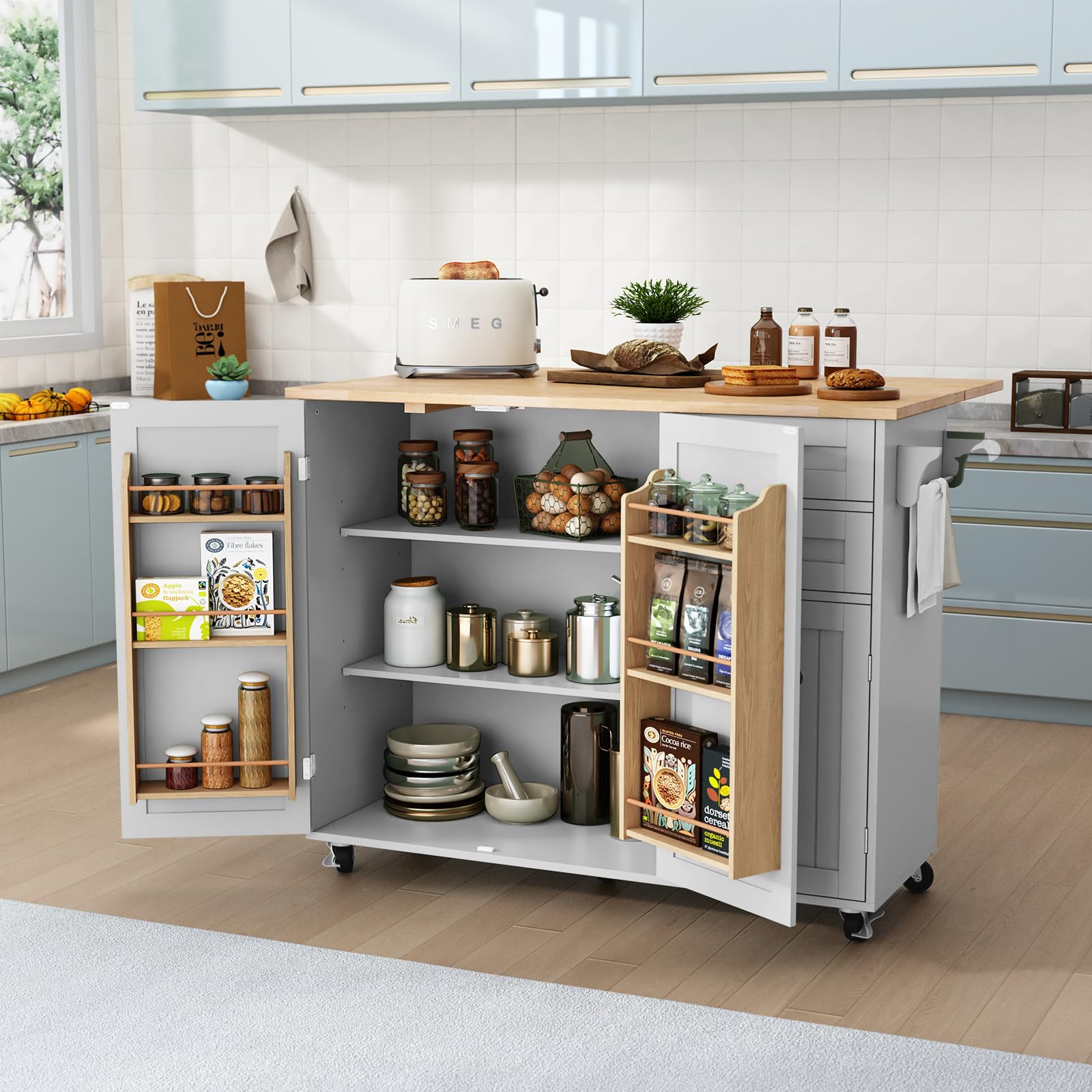 Hlr Kitchen Island With Storage, Rolling Island On Wheels With Drop-Leaf Bar Countertop, Island Table With Side Open Spice Rack