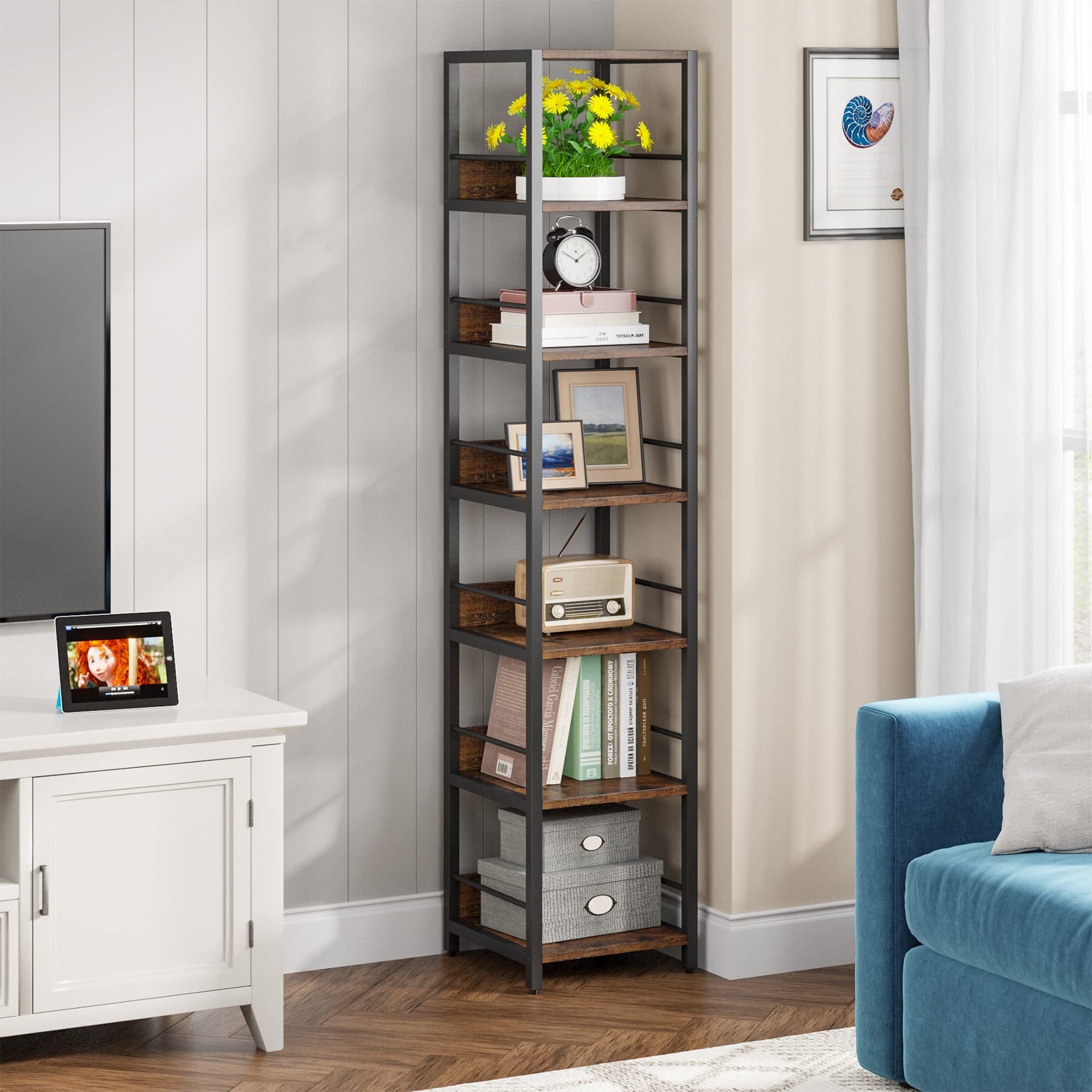 Tribesigns 6-Tier Corner Shelf, 75" Rustic Brown Engineered Wood Bookshelf for Small Spaces, Model JW0403