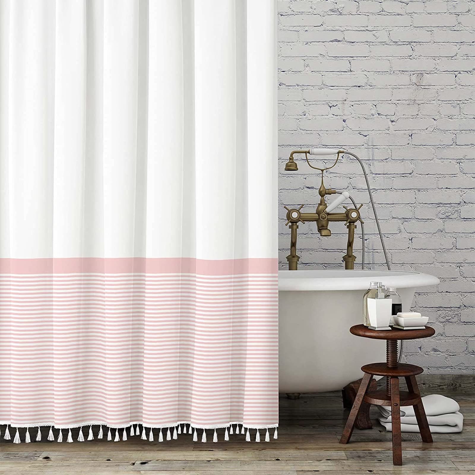 Seasonwood Shower Curtain Tassel, Modern Farmhouse Tassel Pink Striped Shower Curtain With Tassels For Bathroom Decor, 72X72