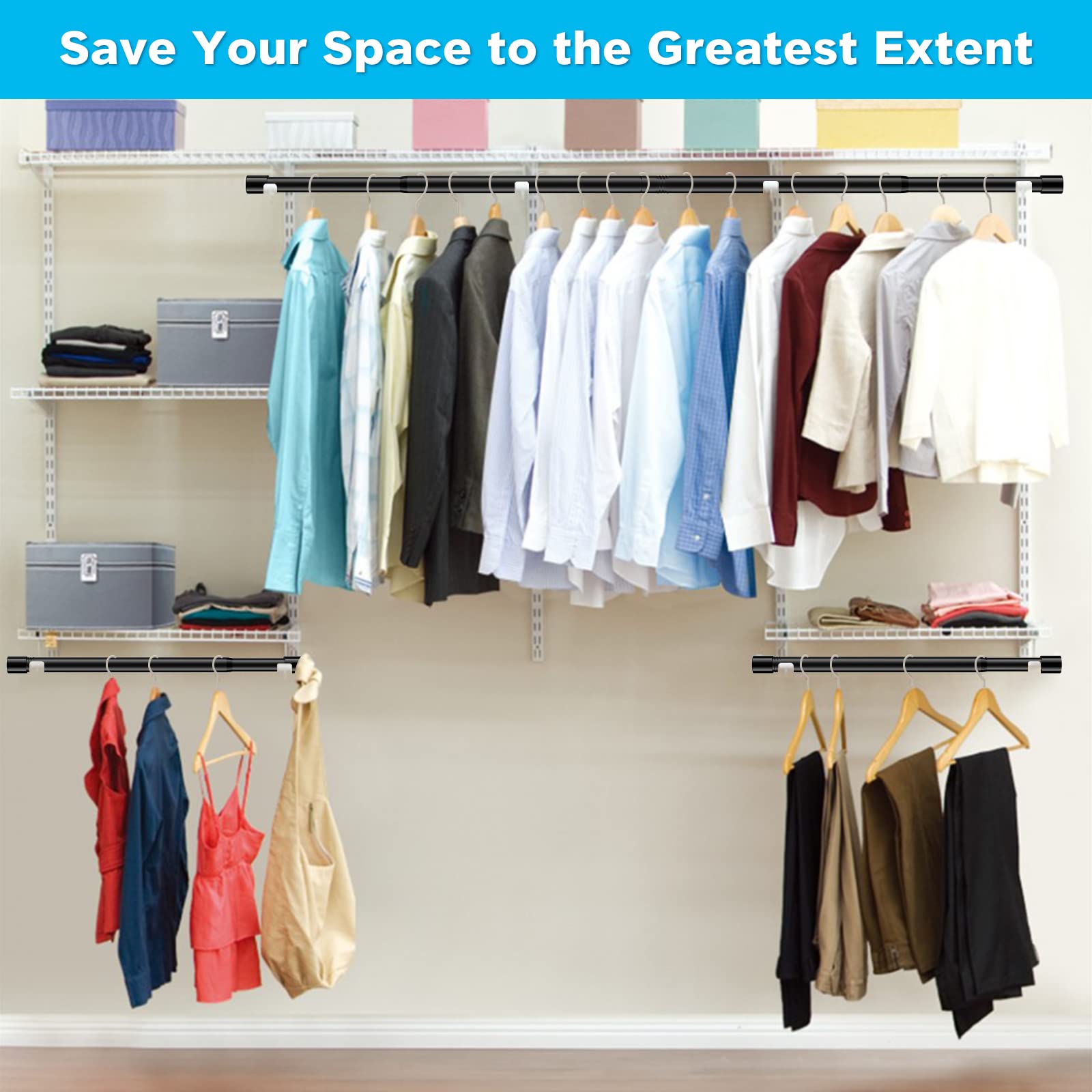 Hanging Closet Rod,15-40 Inch Adjustable Closet Hanging Organizer,35 Inch Height Space-Saving Clothes Hanging Bar,Black Closet R