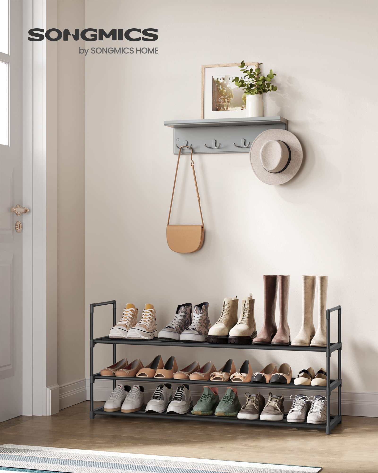 Songmics Shoe Rack, 3-Tier Shoe Organizer, Metal Storage Shelf, Upright Or Upside Down, For 20-24 Pairs, Stackable, For Entryway, 11.8 X 46.1 X 21.7 Inches, Black Ulsa033B01