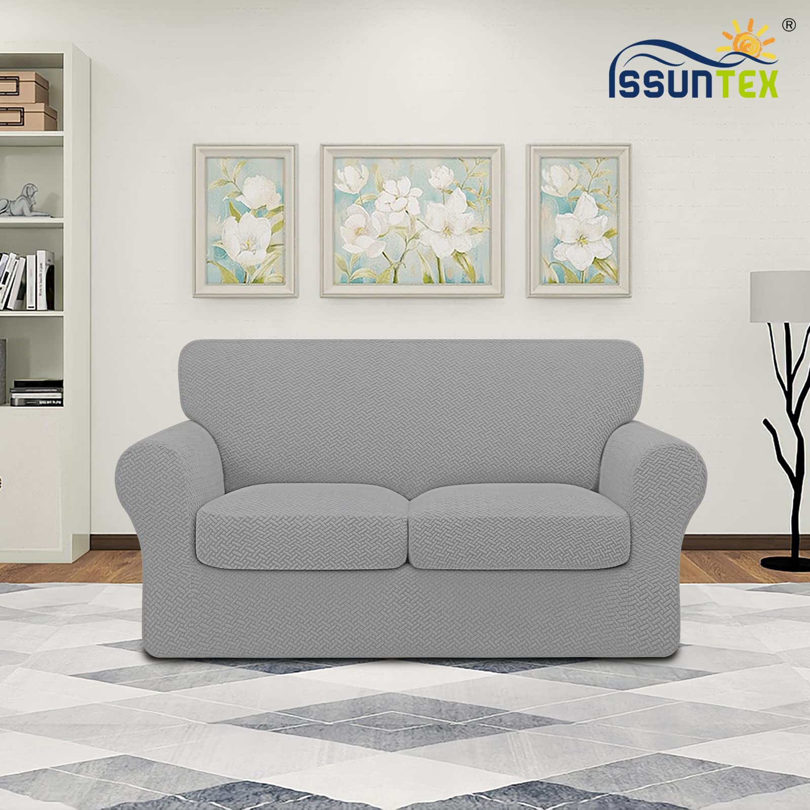 Issuntex 3 Pieces High Stretch Thicken Loveseat Couch Covers, Soft Sofa Slipcover For 2 Separate Cushion Couch, Jacquard Fabric