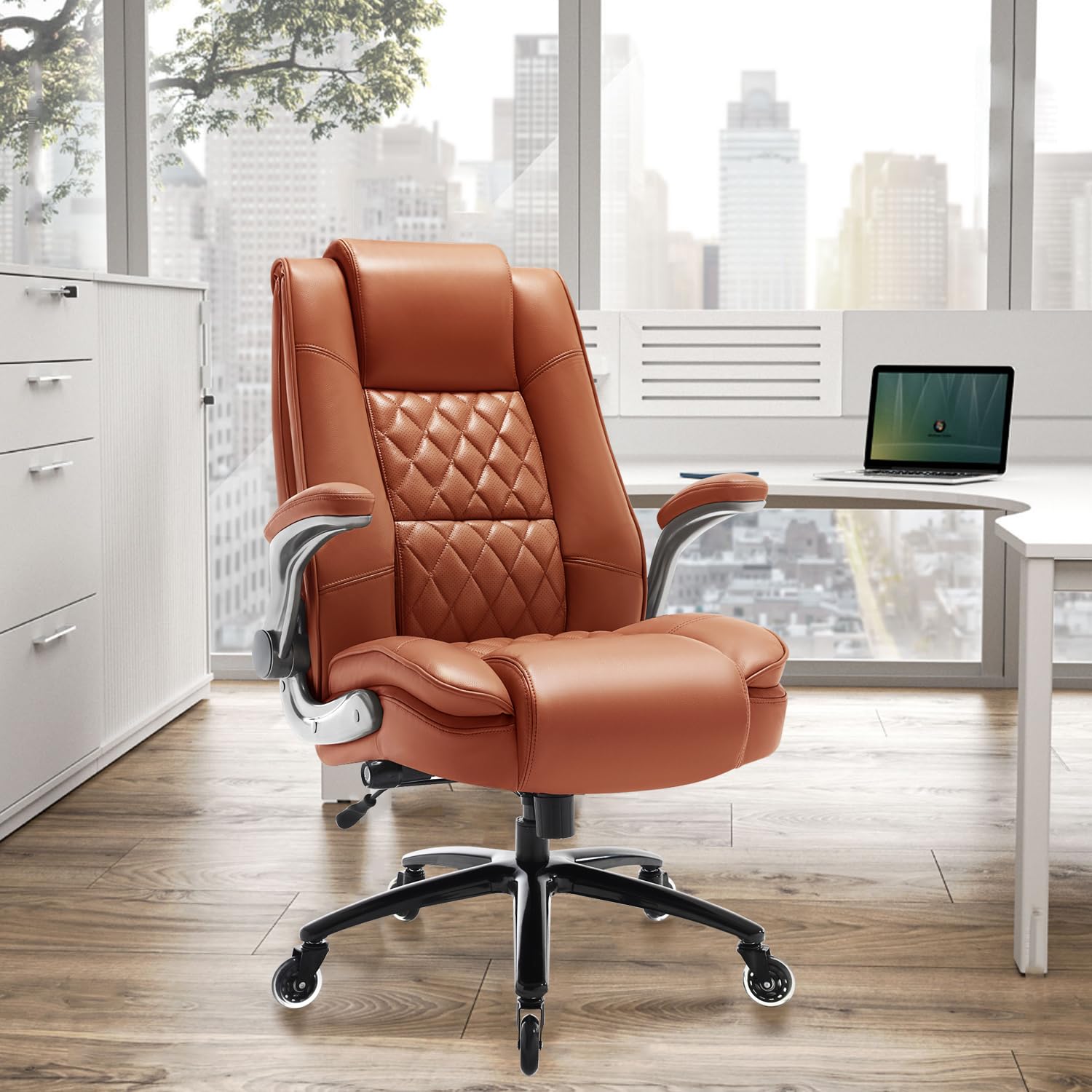 EZAKI Ergonomic Office Chair Flip-up Arms Lumbar Support Leather Gold Brown SH003