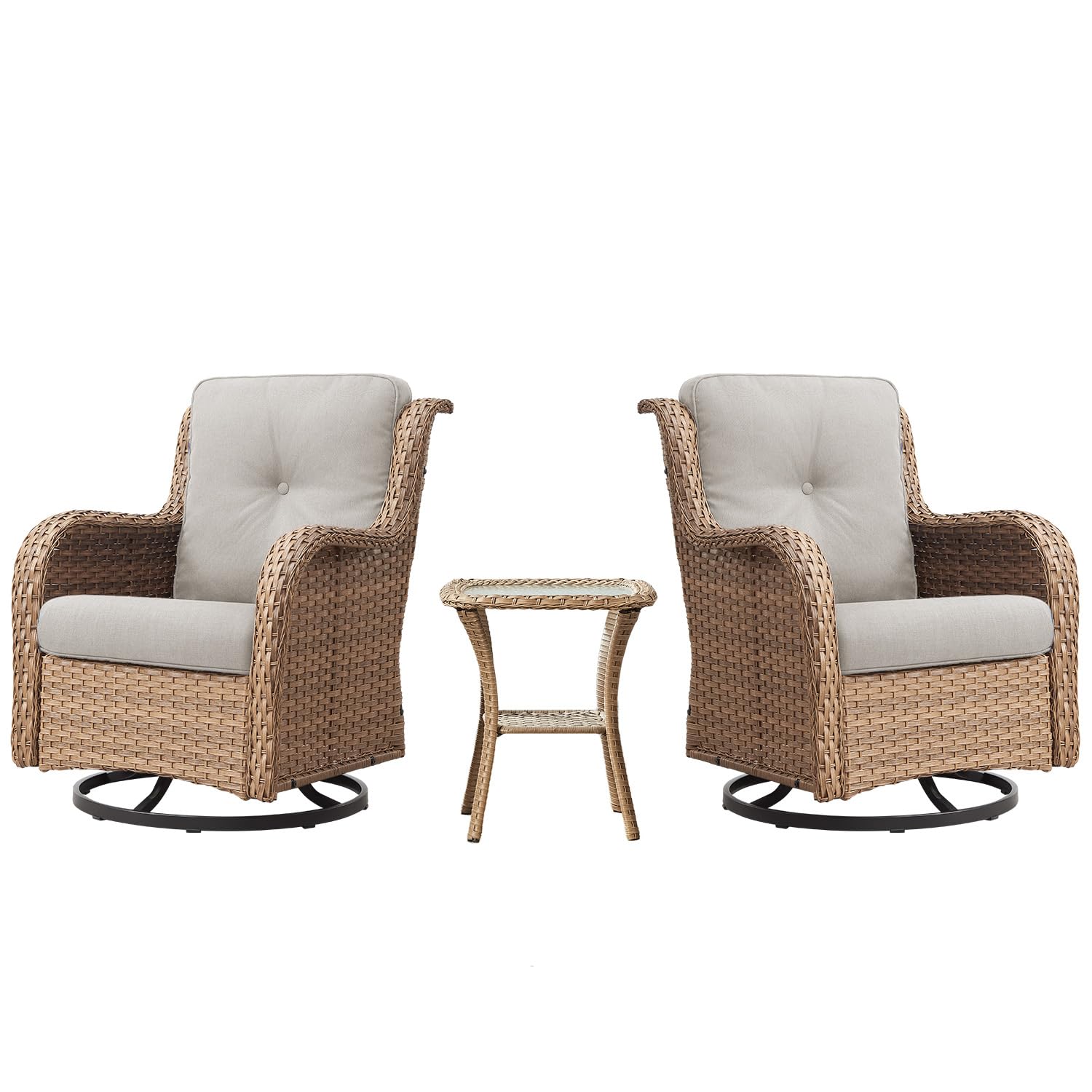 Belord Outdoor Swivel Rocker Patio Chairs - 360 Degree Swivel Glider Seating 350Lbs Weight Capacity 3 Piece Wicker Rocking Chairs Set With Side Table For Porch Balcony Deck, Yellow/Beige